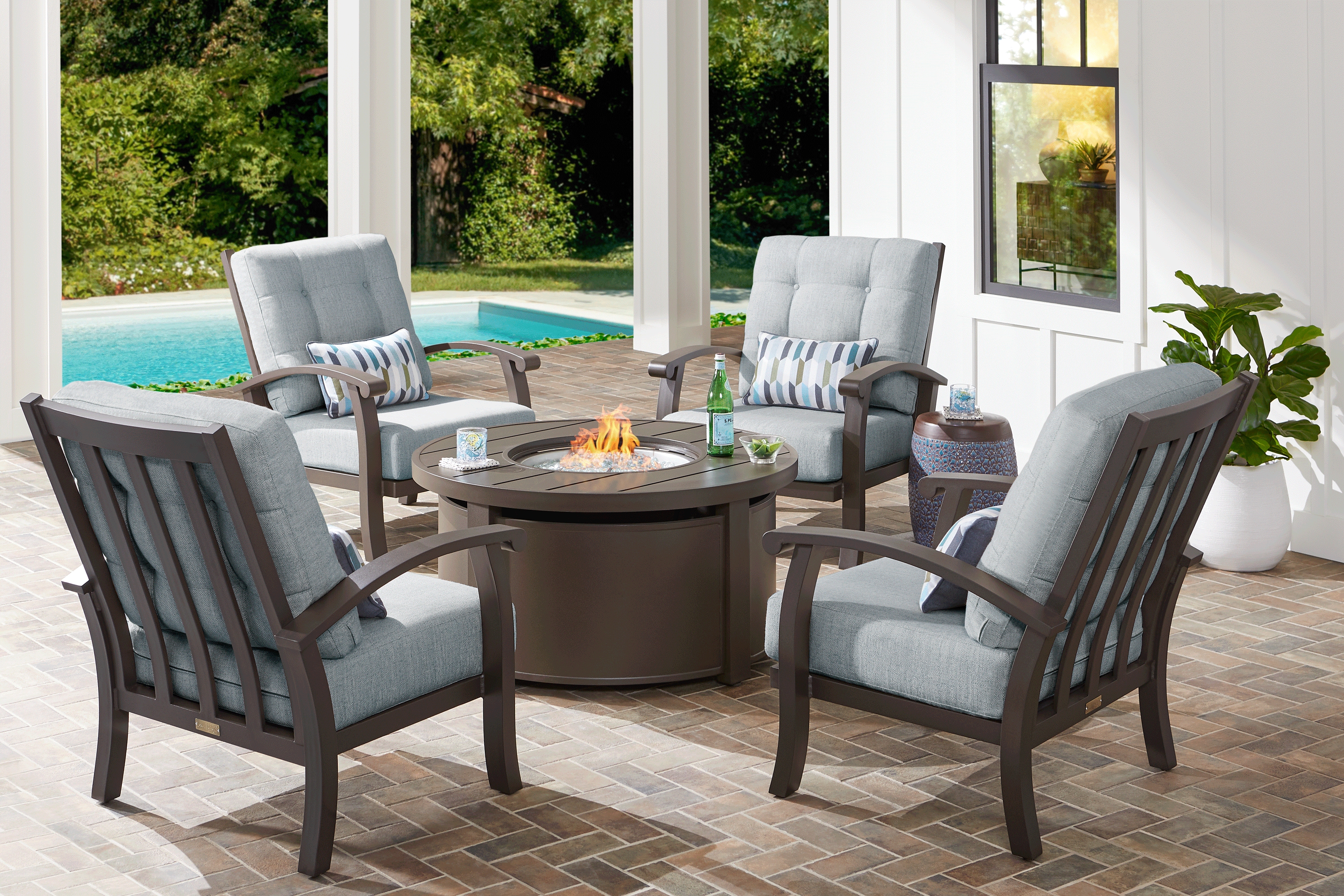 Lake Breeze Aged Bronze 5 Pc Outdoor Fire Pit Seating Set with Mist Cushions - Thumbnail - Image 1