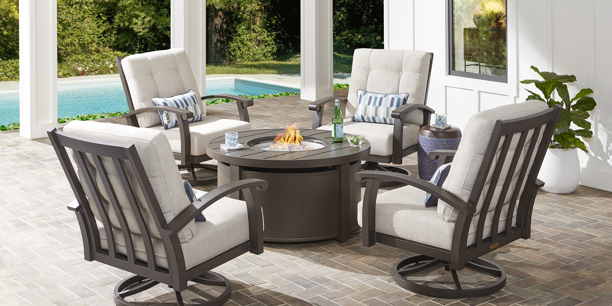 Lake Breeze Aged Bronze 5 Pc Outdoor Fire Pit Seating Set with Swivel Chairs and Parchment Cushions - Thumbnail - Image 1