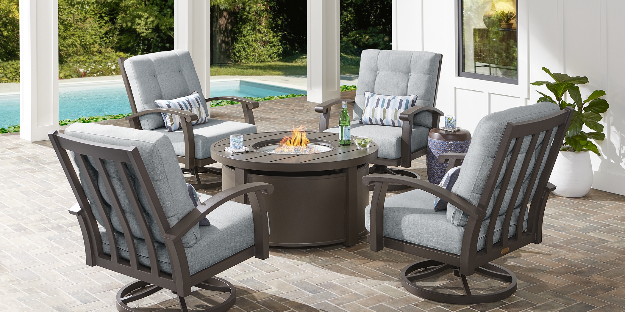 Lake Breeze Aged Bronze 5 Pc Outdoor Fire Pit Seating Set with Swivel Chairs and Mist Cushions - Thumbnail - Image 1