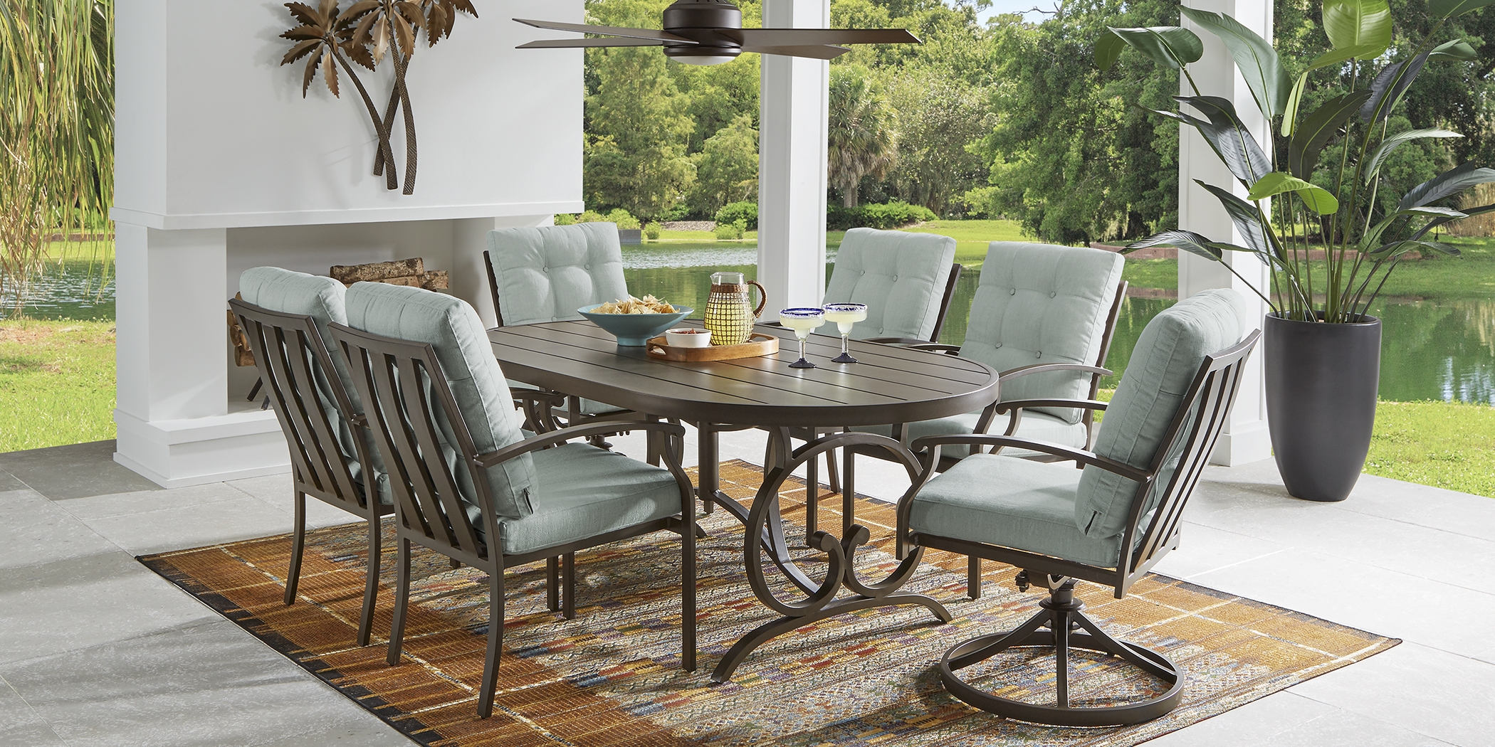 Lake Breeze Aged Bronze 5 Pc Outdoor 78 in. Oval Dining Set with Mist Cushions - Thumbnail - Image 1