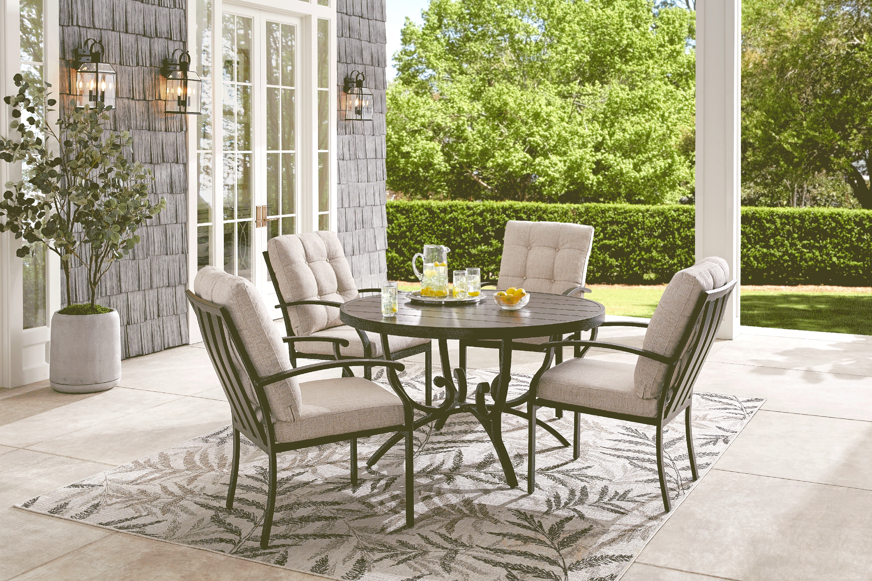 Lake Breeze Aged Bronze 5 Pc Round Outdoor Dining Set with Wren Cushions - Thumbnail - Image 1