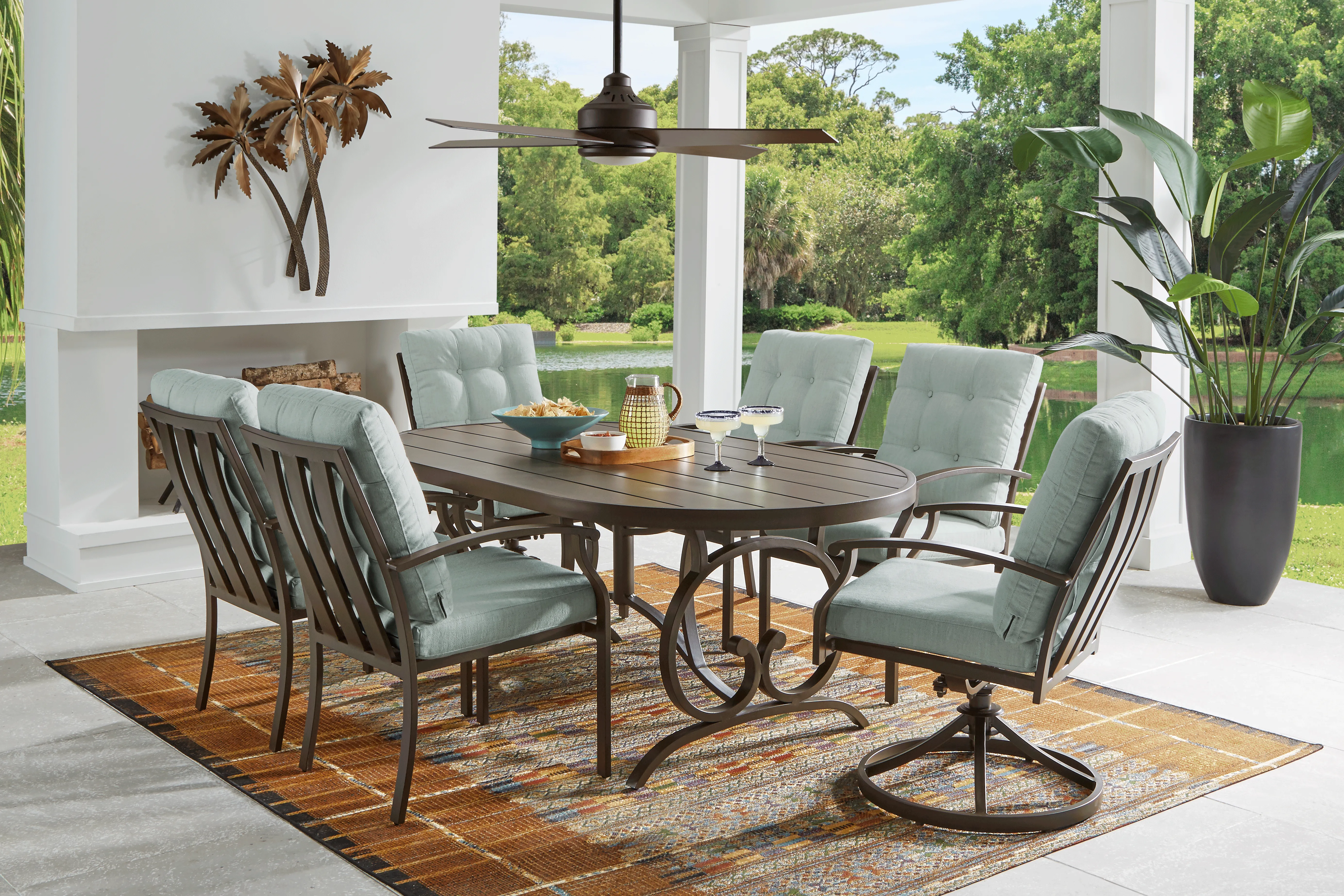 Lake Breeze Aged Bronze 7 Pc Outdoor 78 in. Oval Dining Set with Mist Cushions - Thumbnail - Image 1