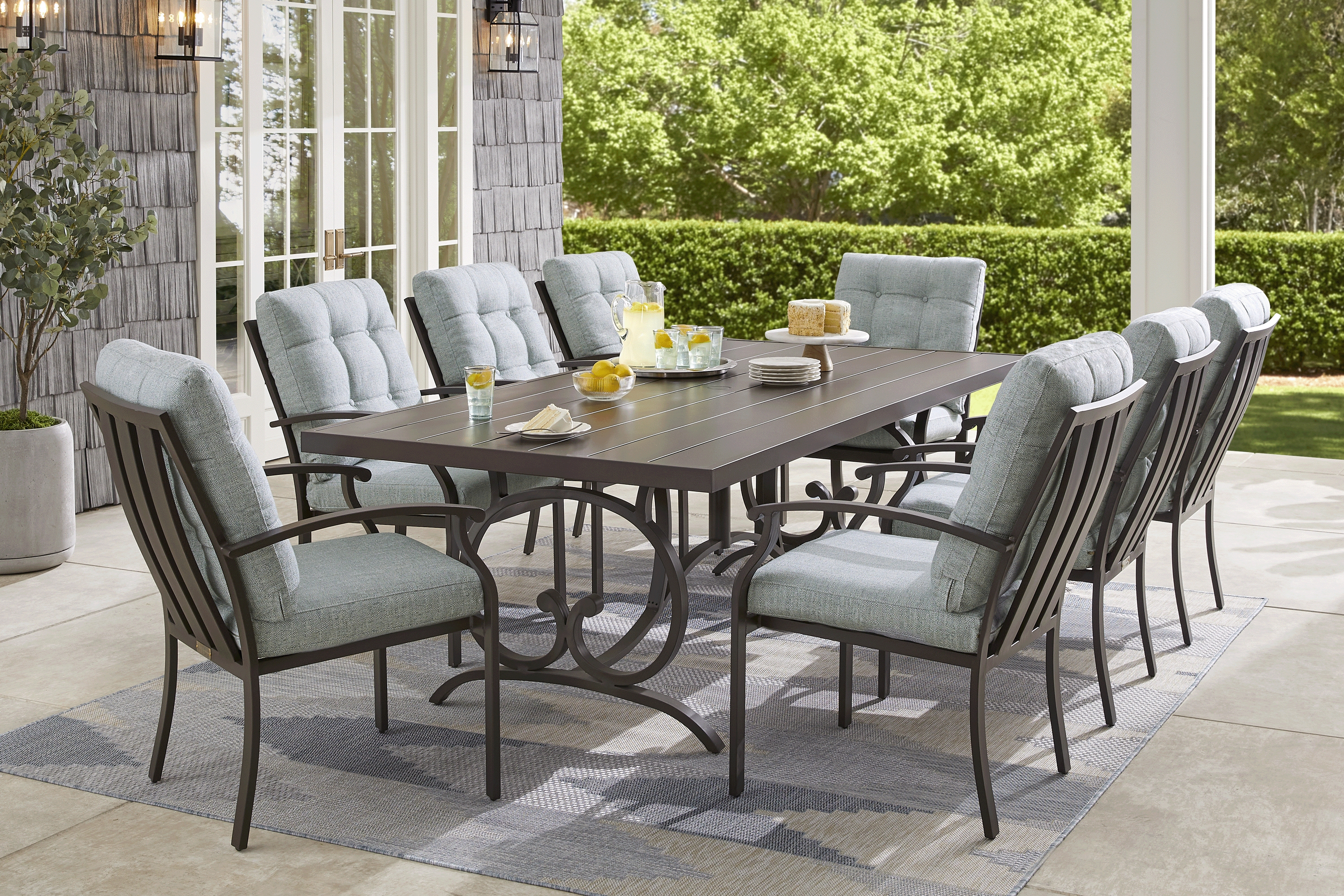 Lake Breeze Aged Bronze 7 Pc Outdoor 90 in. Rectangle Dining Set with Mist Cushions - Thumbnail - Image 1