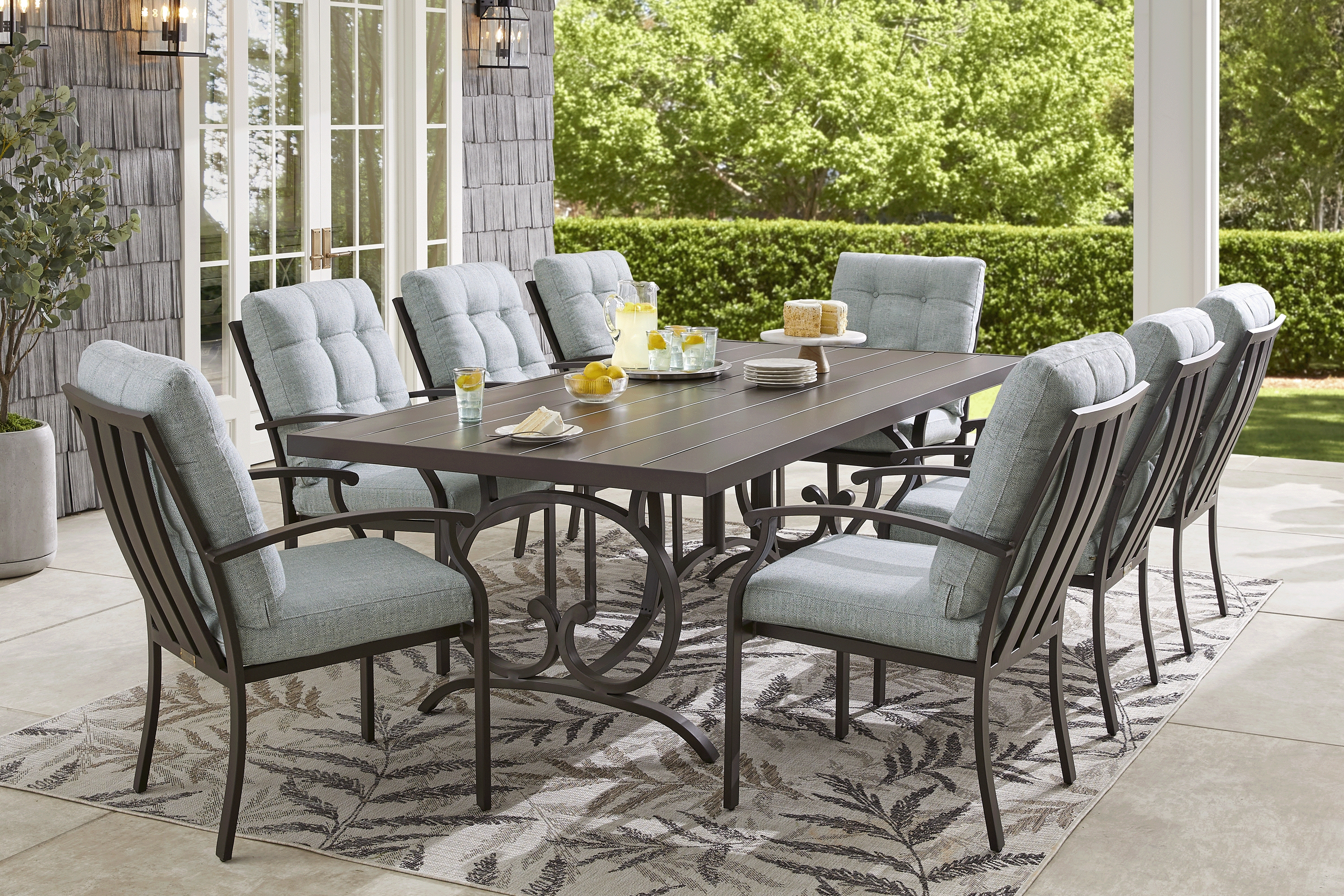 Lake Breeze Aged Bronze 9 Pc Outdoor 90 in. Rectangle Dining Set with Mist Cushions - Thumbnail - Image 1