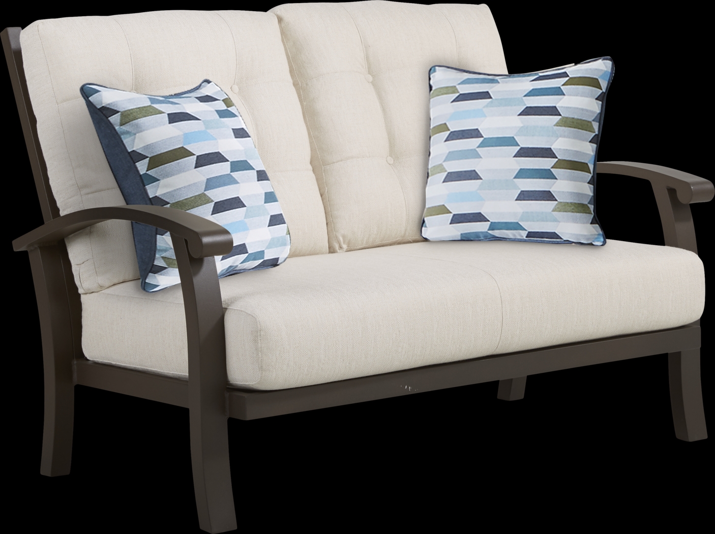 Lake Breeze Aged Bronze Outdoor Loveseat with Parchment Cushions - Thumbnail - Image 1