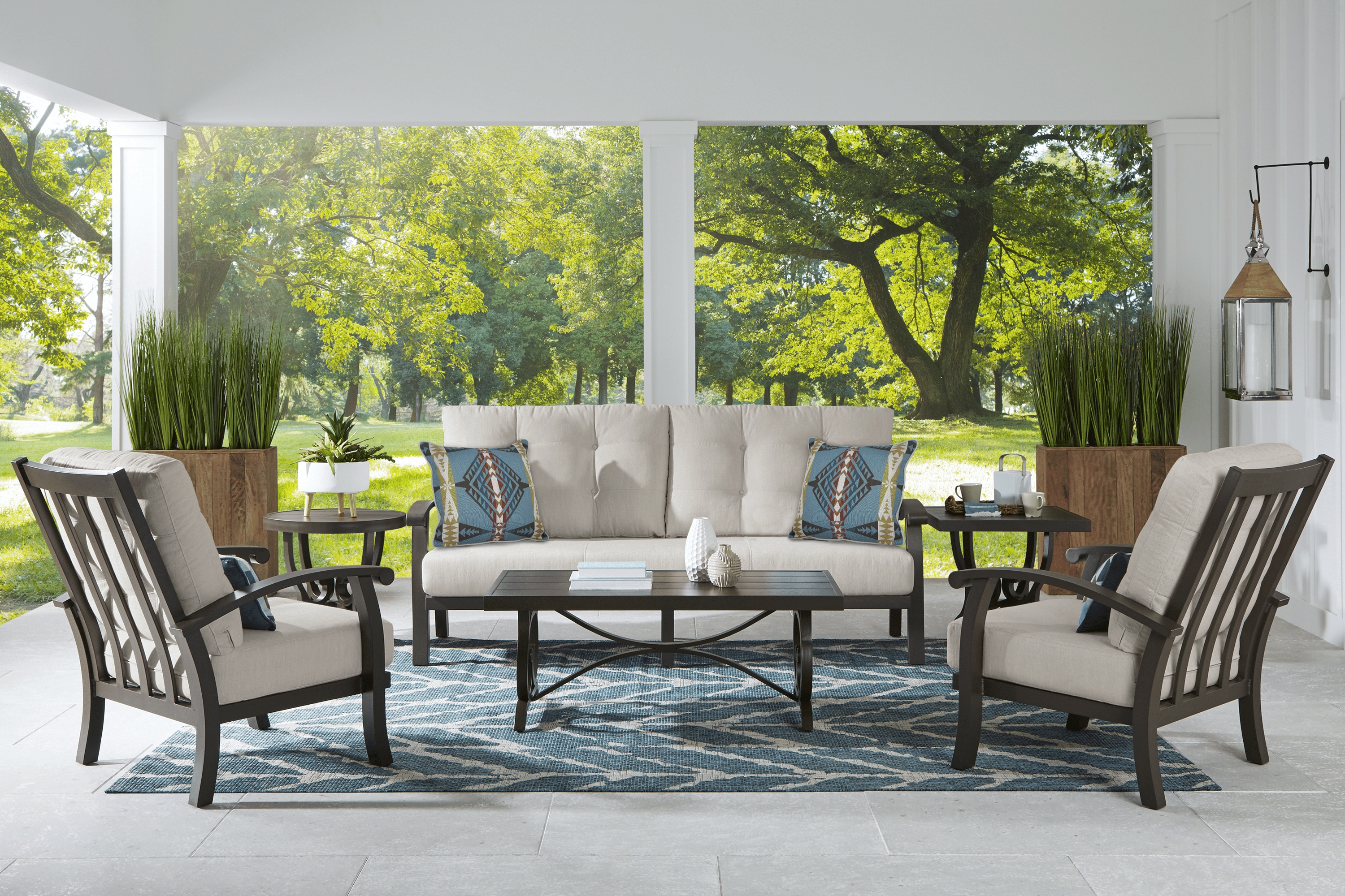 Lake Breeze Aged Bronze Outdoor 4 Pc Seating Set with Rollo Linen Cushions - Thumbnail - Image 1