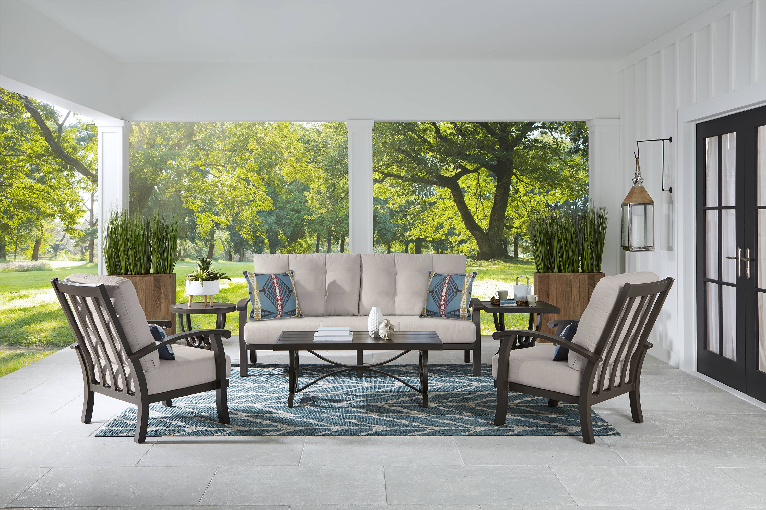 Lake Breeze Aged Bronze Outdoor 4 Pc Seating Set with Rollo Linen Cushions - Thumbnail - Image 1