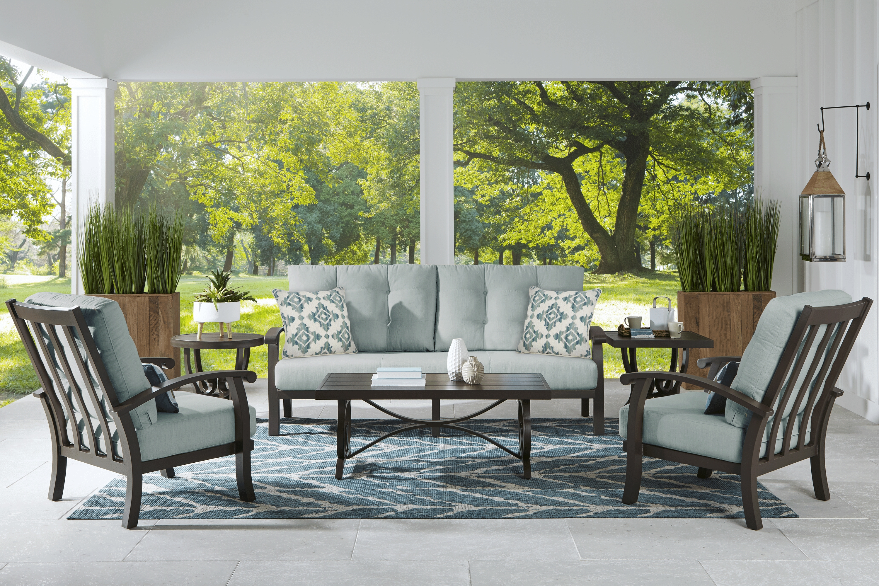 Lake Breeze Aged Bronze Outdoor 4 Pc Seating Set with Seafoam Cushions - Thumbnail - Image 1