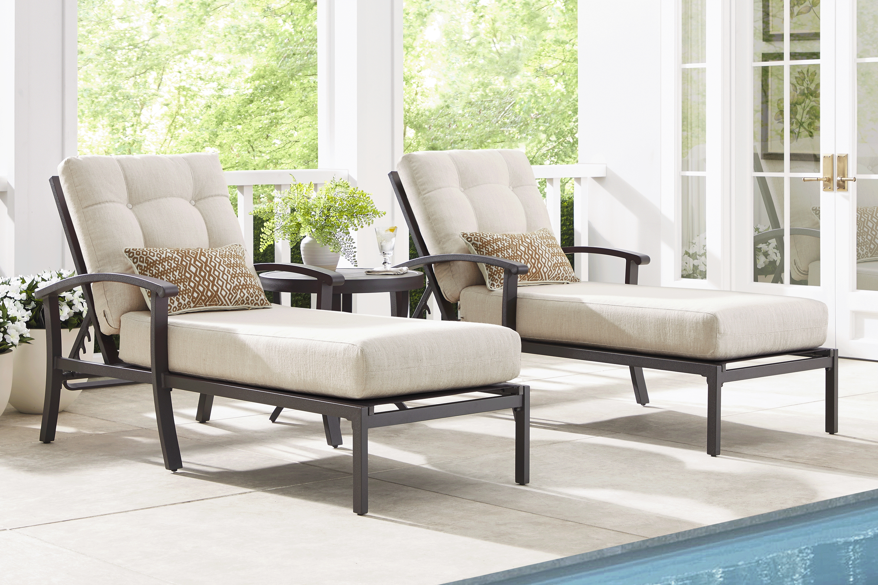 Lake Breeze Aged Bronze Outdoor Chaise with Parchment Cushions, Set of 2 - Thumbnail - Image 1