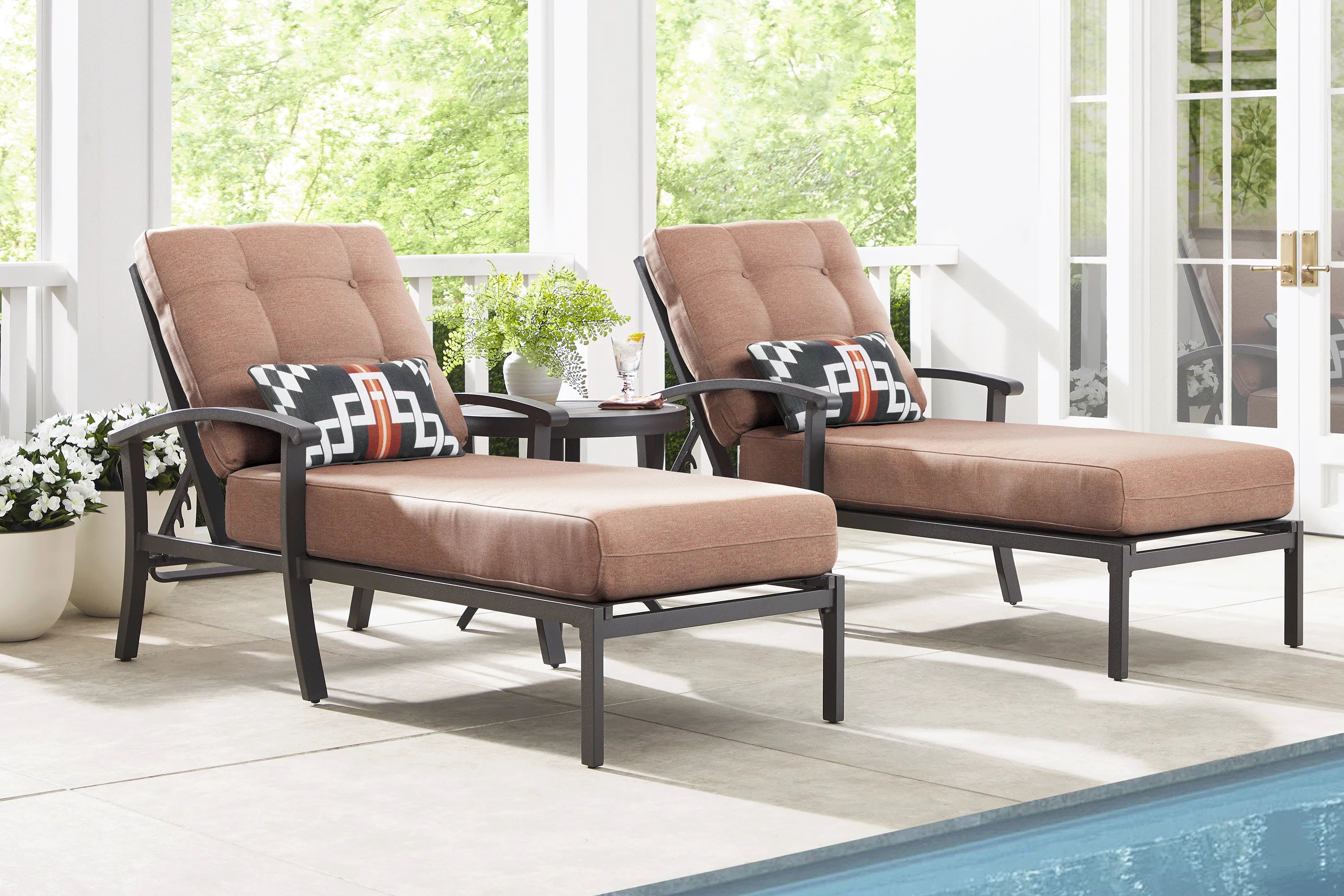 Lake Breeze Aged Bronze Outdoor Chaise with Terracotta Cushions, Set of 2 - Thumbnail - Image 1