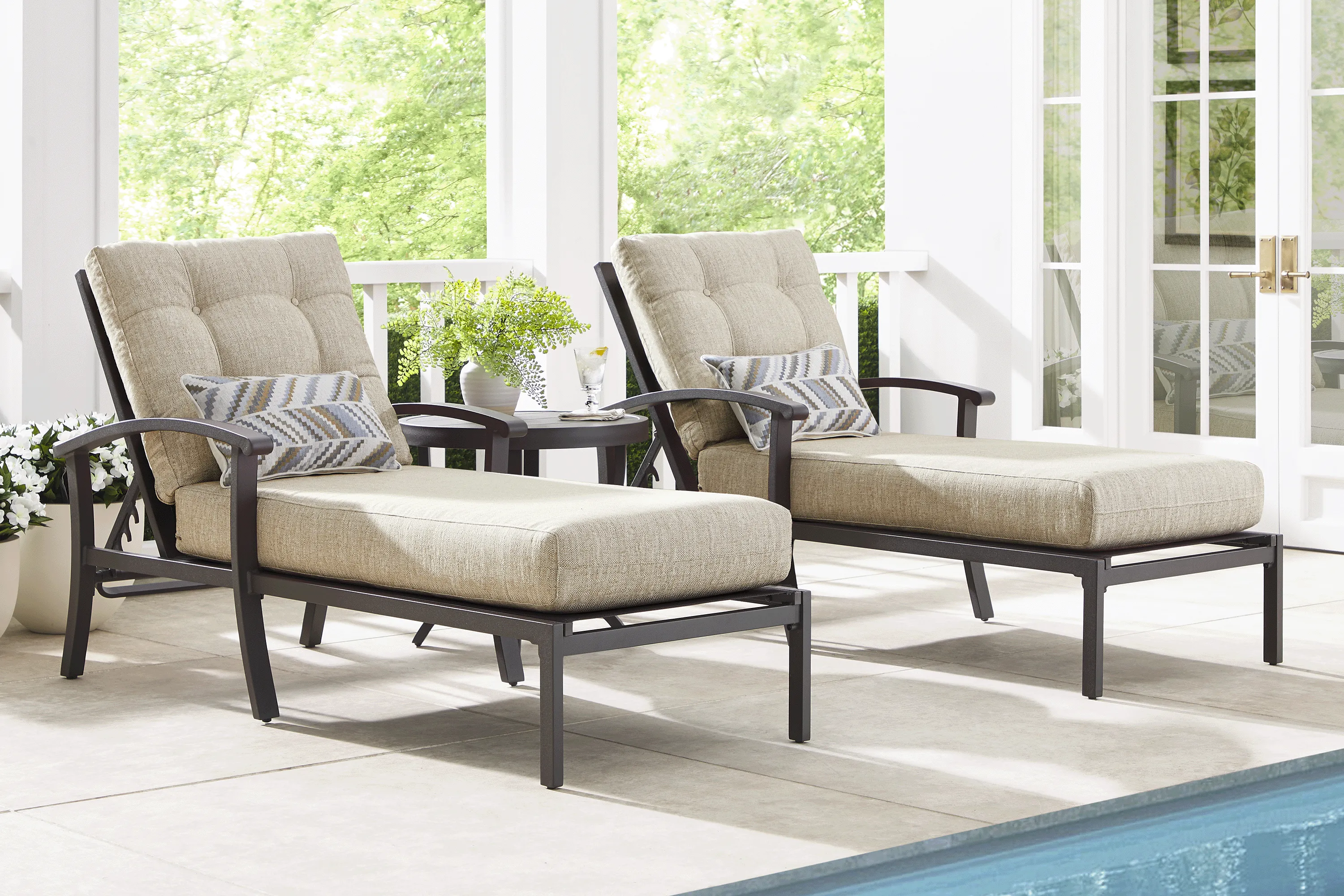 Lake Breeze Aged Bronze Outdoor Chaise with Wren Cushions, Set of 2 - Thumbnail - Image 1