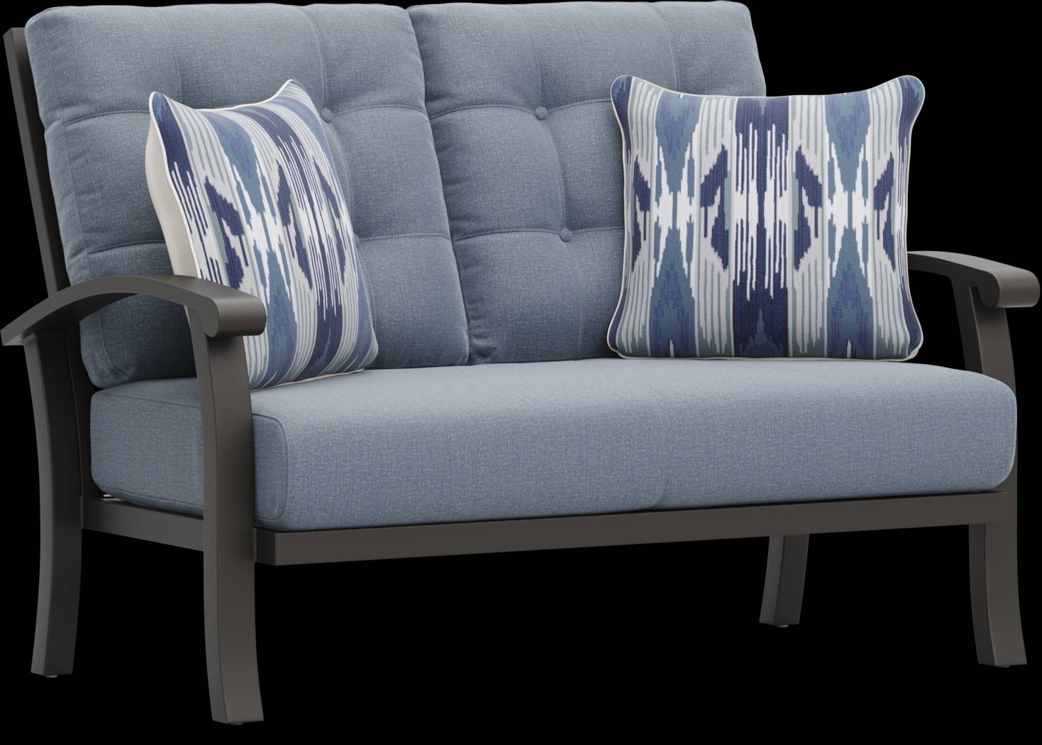 Lake Breeze Aged Bronze Outdoor Loveseat with Blueberry Cushions - Thumbnail - Image 2