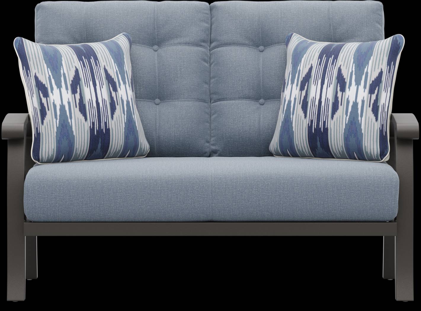 Lake Breeze Aged Bronze Outdoor Loveseat with Blueberry Cushions - Thumbnail - Image 1