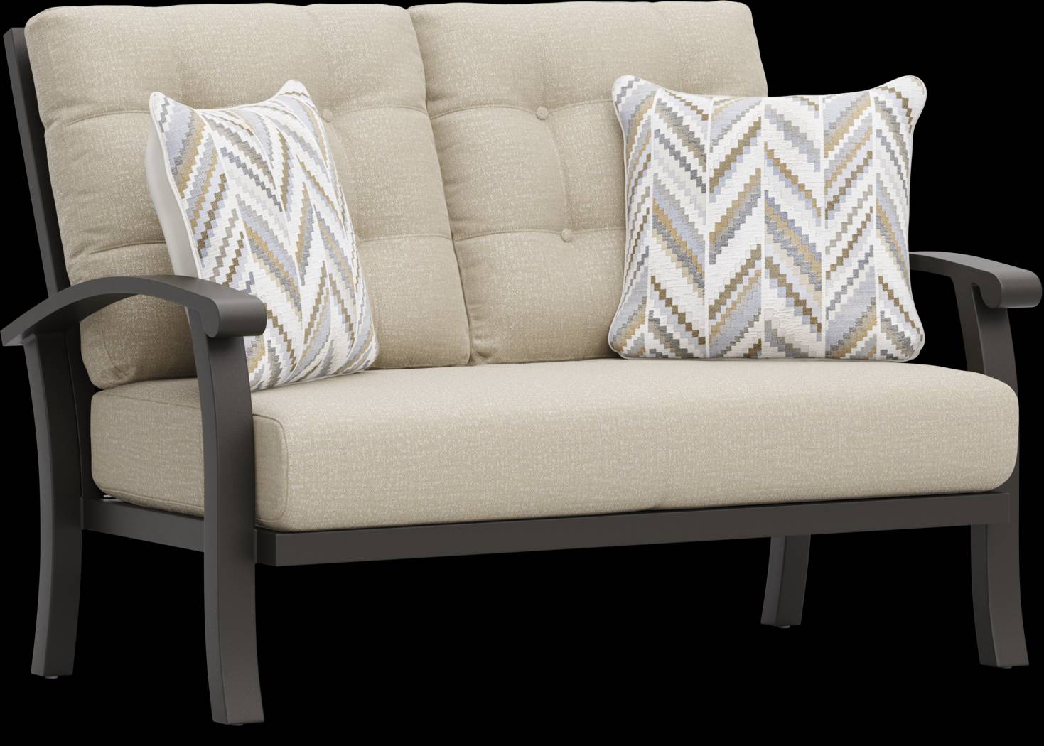 Lake Breeze Aged Bronze Outdoor Loveseat with Hemp-Colored Cushions - Thumbnail - Image 2