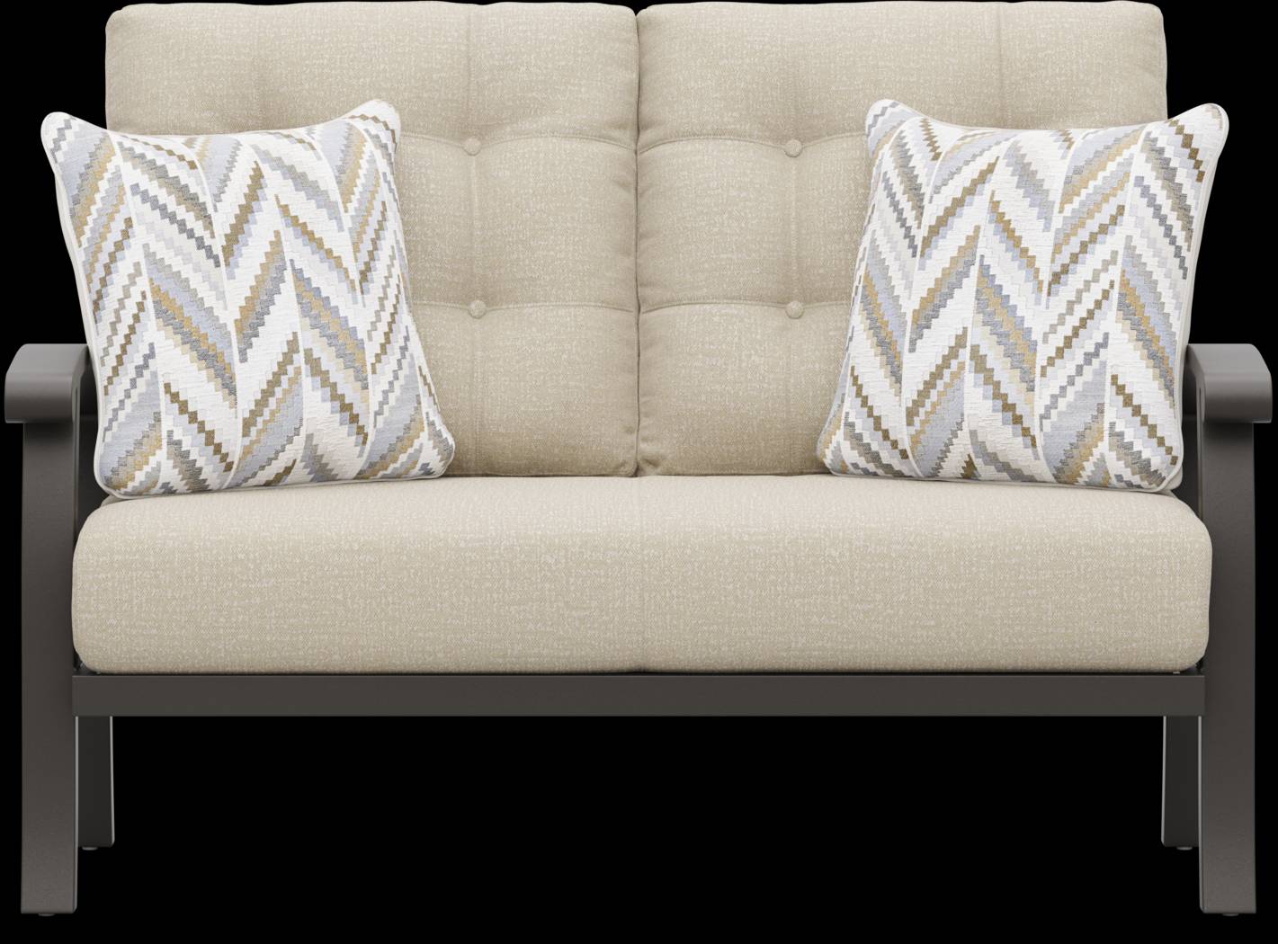 Lake Breeze Aged Bronze Outdoor Loveseat with Hemp-Colored Cushions - Thumbnail - Image 1