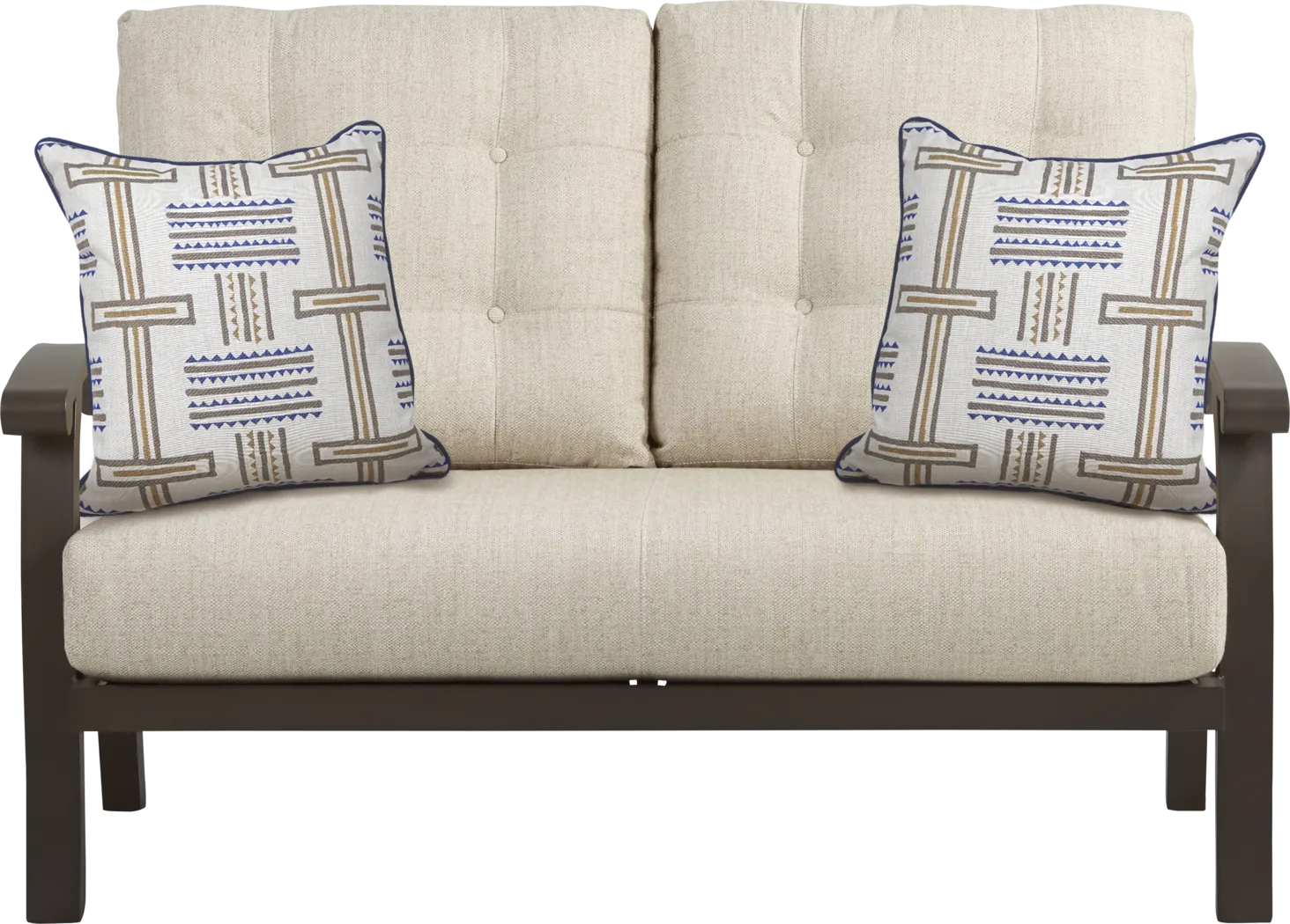 Lake Breeze Aged Bronze Outdoor Loveseat with Wren Cushions - Thumbnail - Image 2