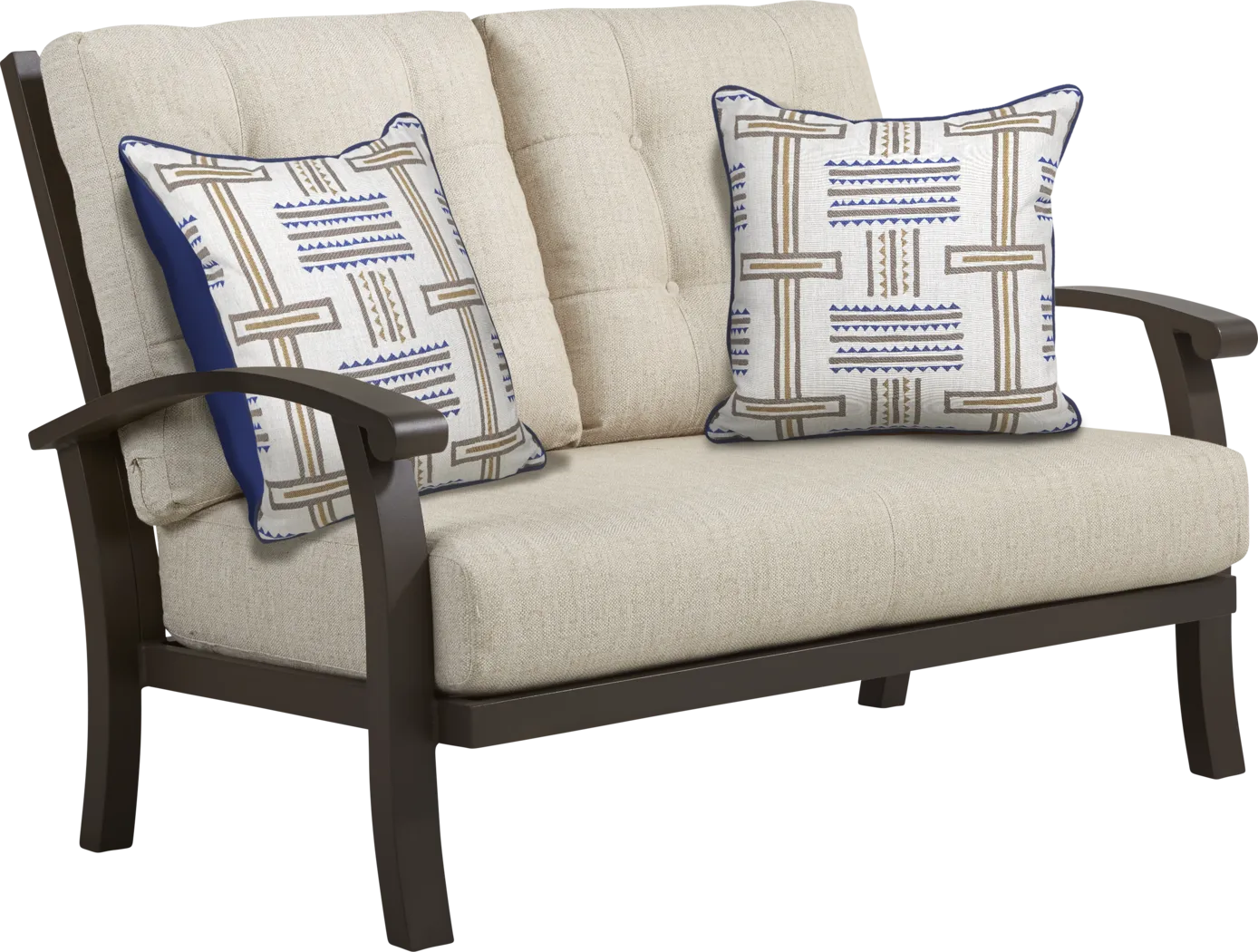 Lake Breeze Aged Bronze Outdoor Loveseat with Wren Cushions - Thumbnail - Image 1