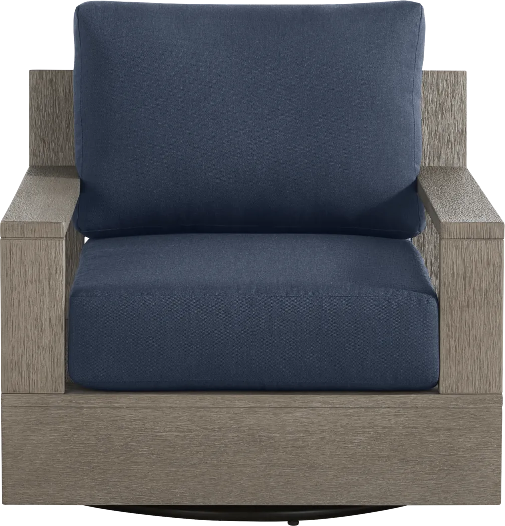 Lake Tahoe Gray Outdoor Swivel Chair with Indigo Pillows - Thumbnail - Image 2