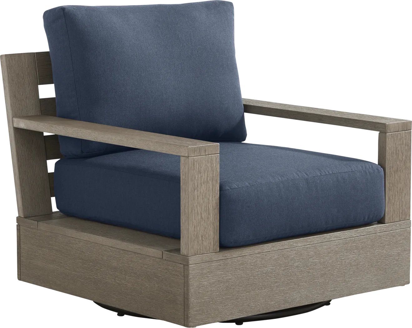 Lake Tahoe Gray Outdoor Swivel Chair with Indigo Pillows - Thumbnail - Image 1