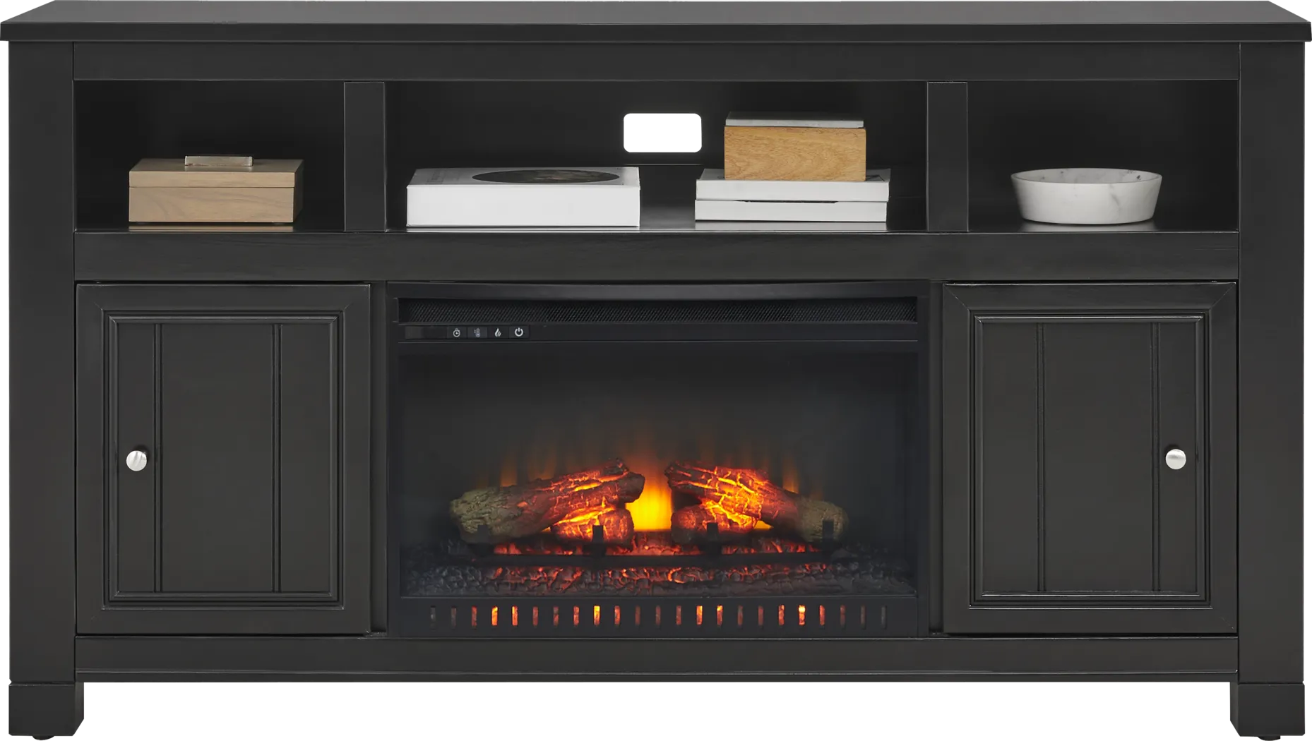 Lakeside Cottage Black 64 In. Console with Electric Log Fireplace - Thumbnail - Image 2