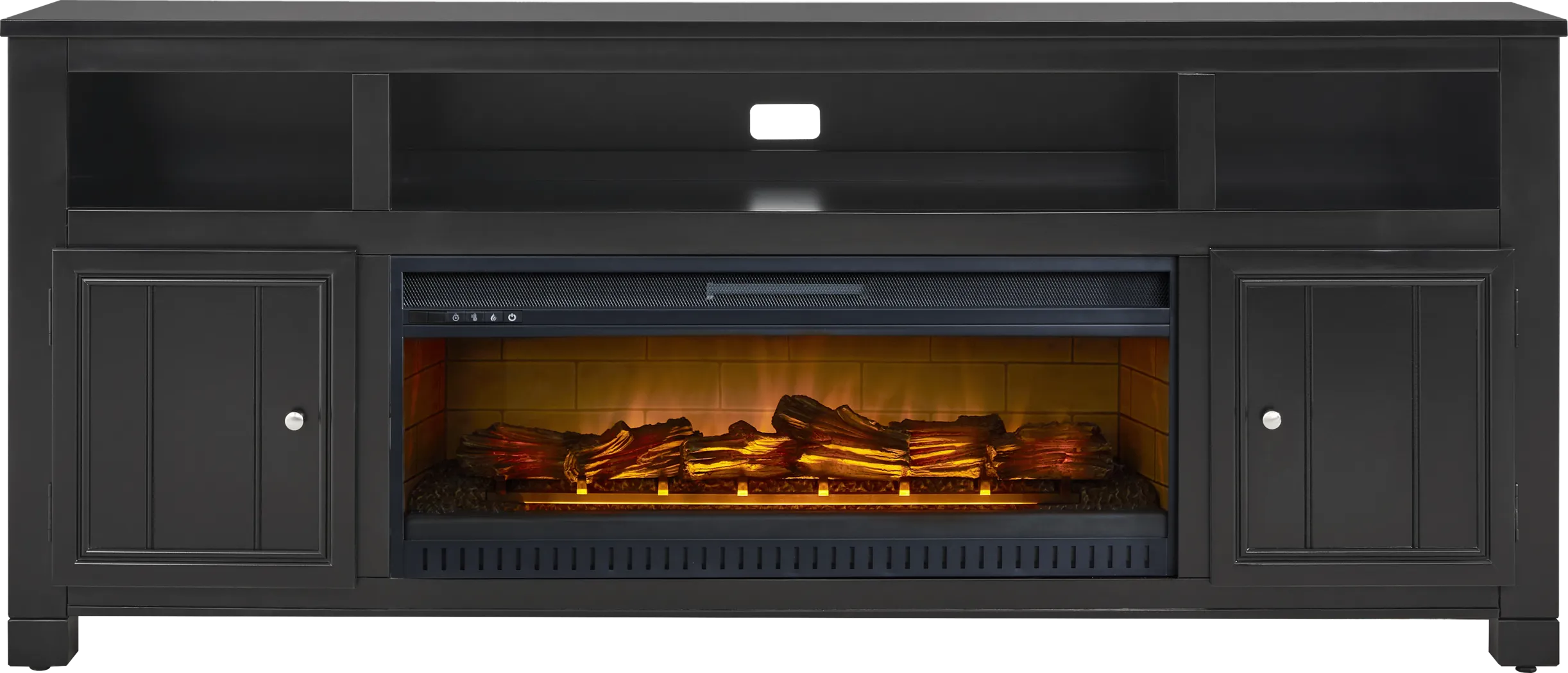 Lakeside Cottage Black 84 In. Console with Electric Log Fireplace - Thumbnail - Image 1