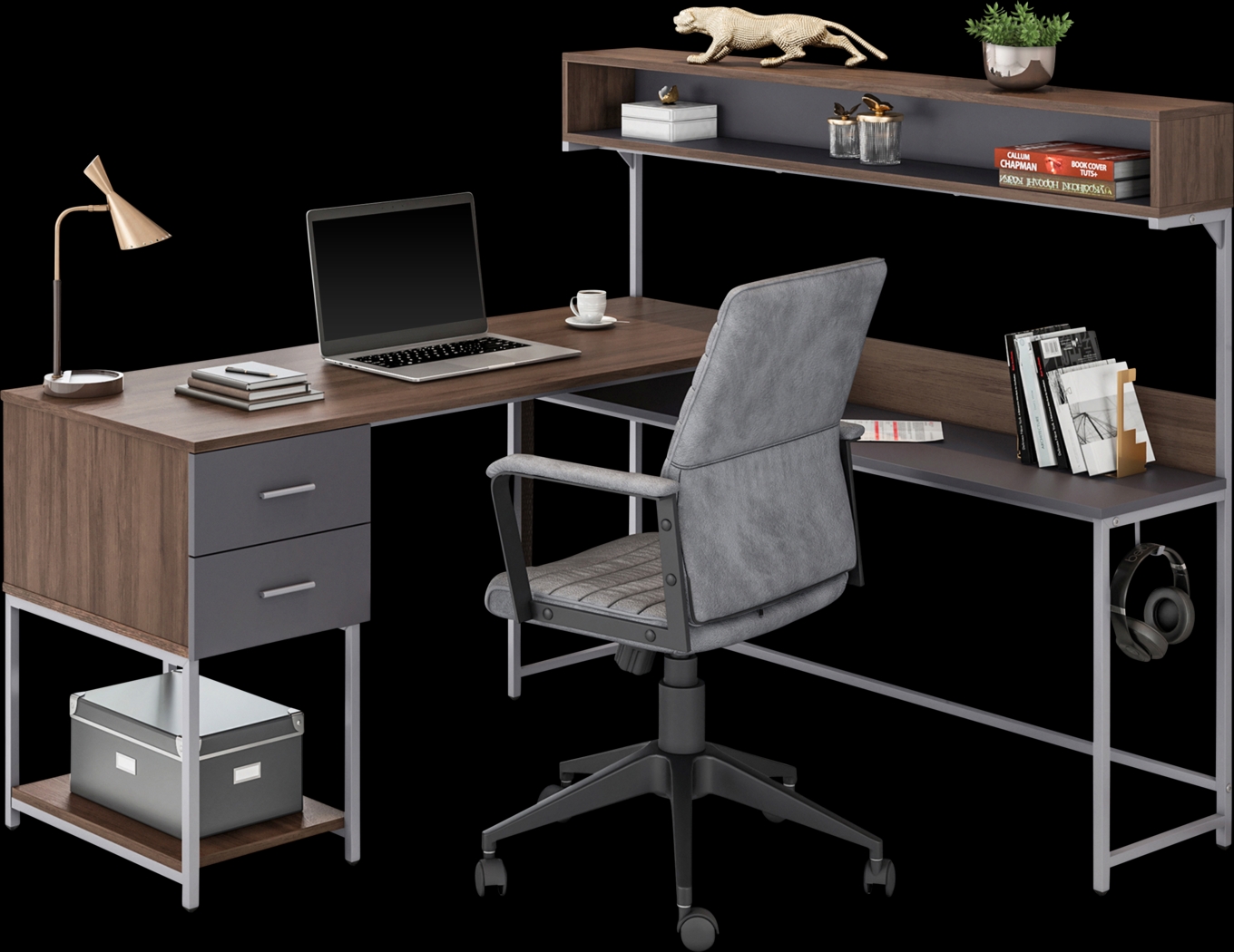 Lamlou Walnut L-Shaped Storage Desk - Thumbnail - Image 1