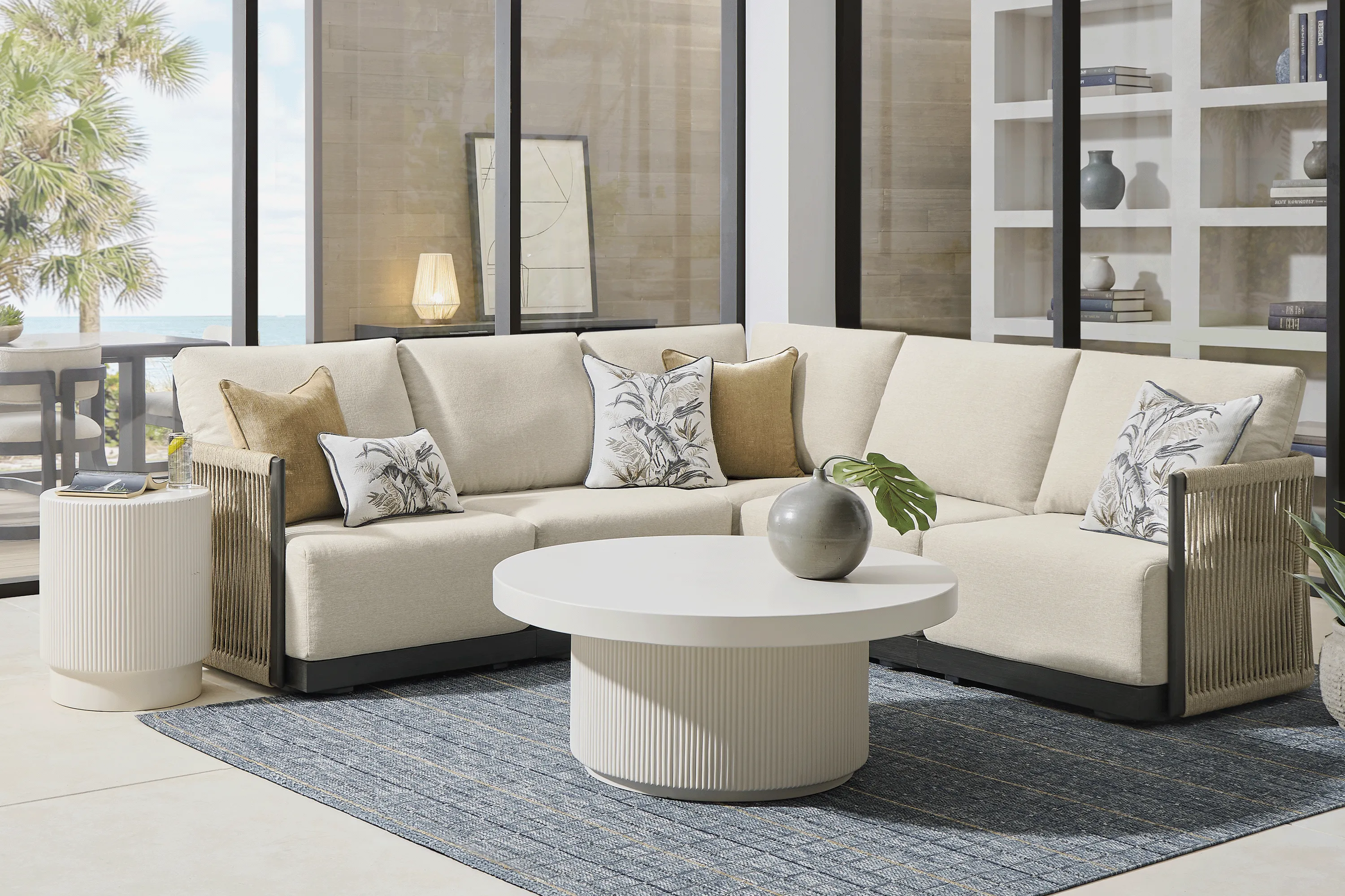Lanai Black 5 Pc Outdoor Sectional with Cream Cushions - Image 1