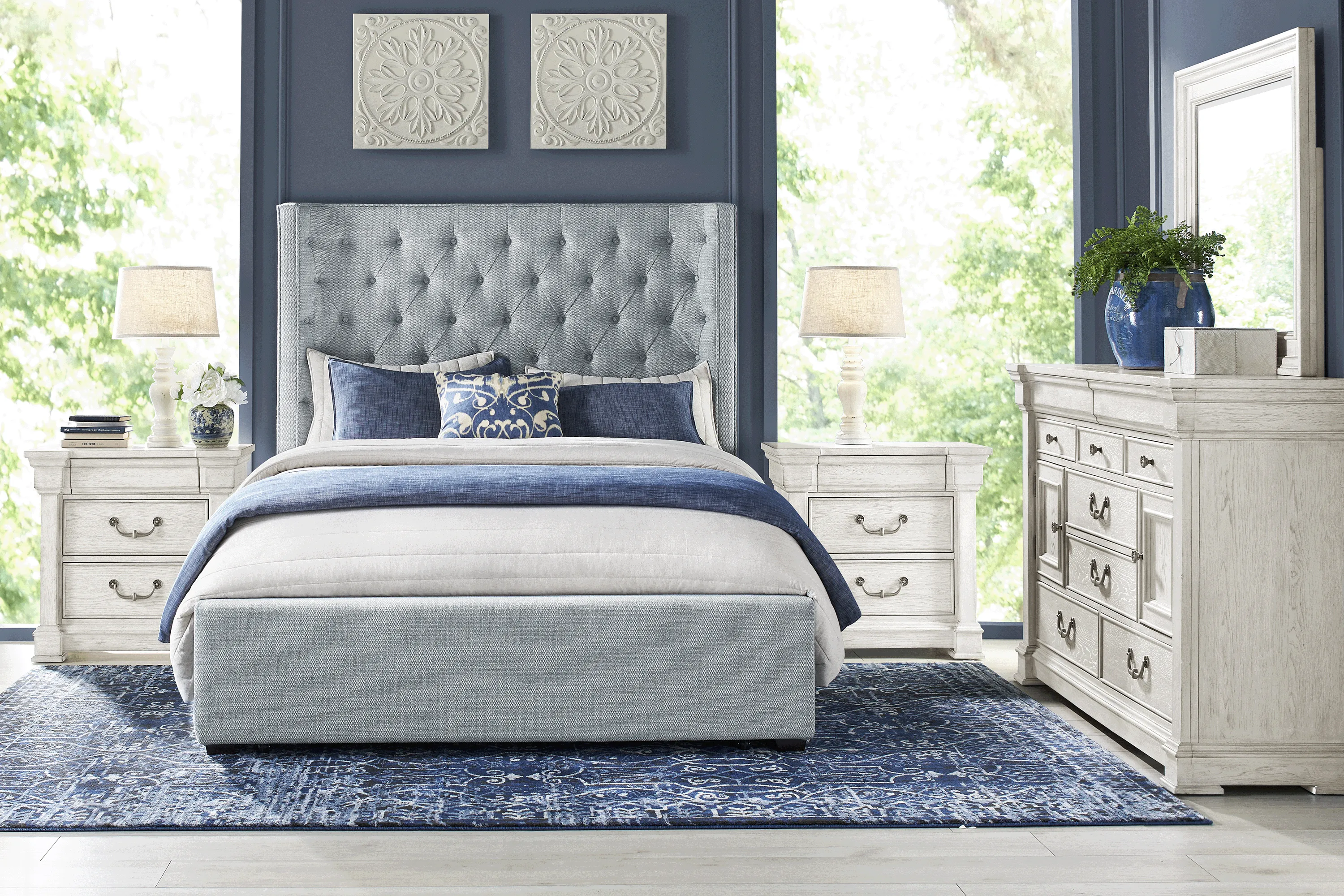 Landon Creek White 5 Pc Bedroom with Harlow Hill Blue Gray Queen Upholstered Bed - Thumbnail - Image 1