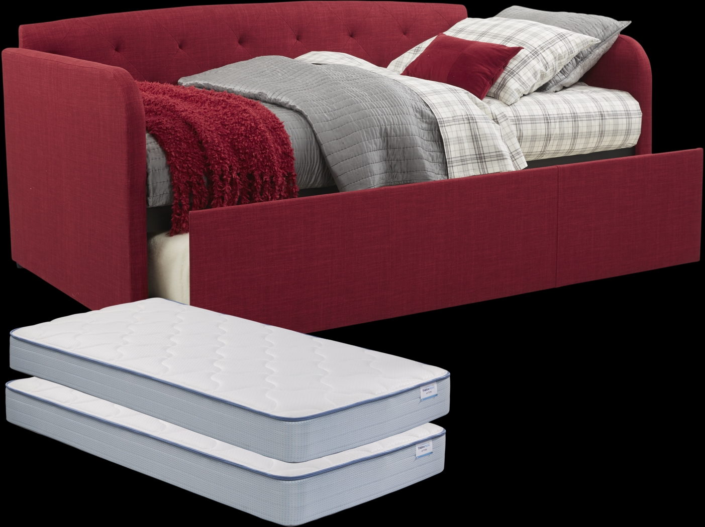Lanie Red Tufted Daybed with Trundle and Two Mattresses - Thumbnail - Image 1