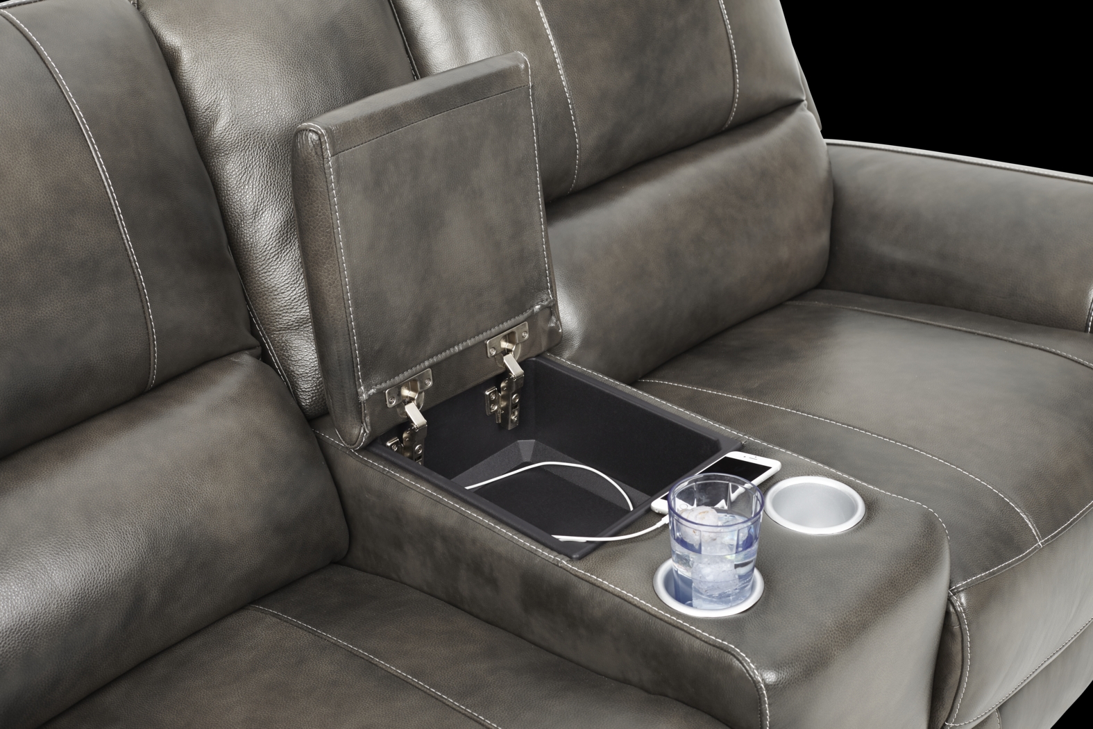 Lanzo Gray Leather Dual Power Reclining Console Loveseat - Thumbnail - Image 3