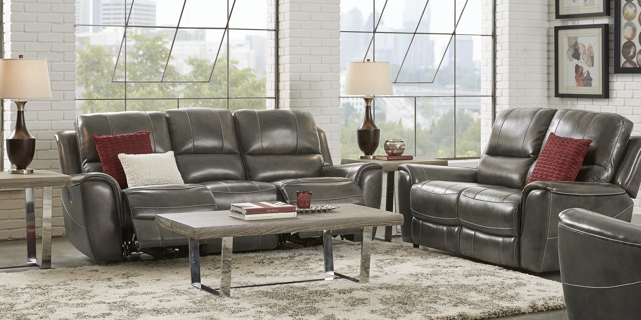 Lanzo Gray Leather 7 Pc Living Room with Reclining Sofa - Thumbnail - Image 1