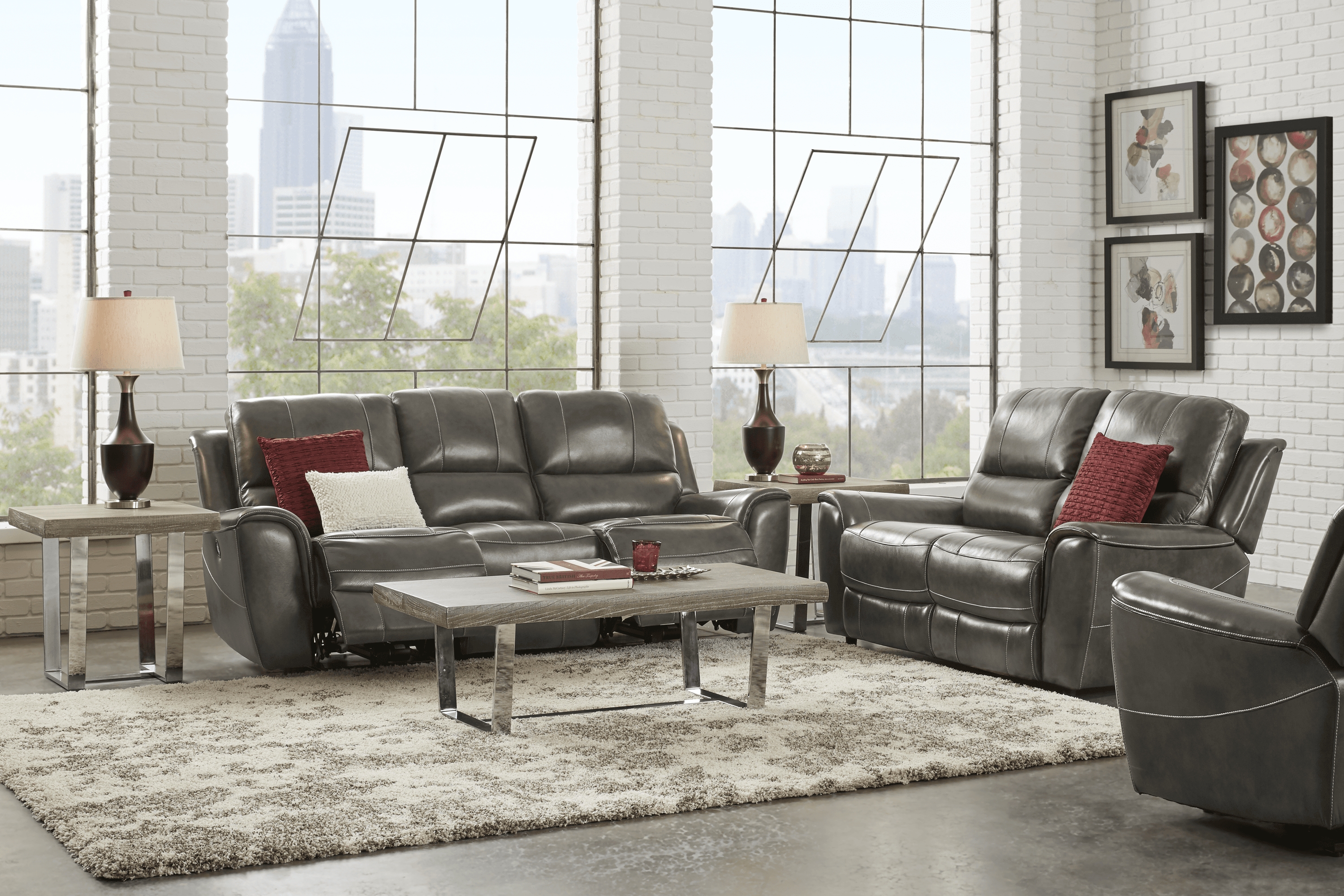 Lanzo Gray Leather 7 Pc Living Room with Reclining Sofa - Thumbnail - Image 1