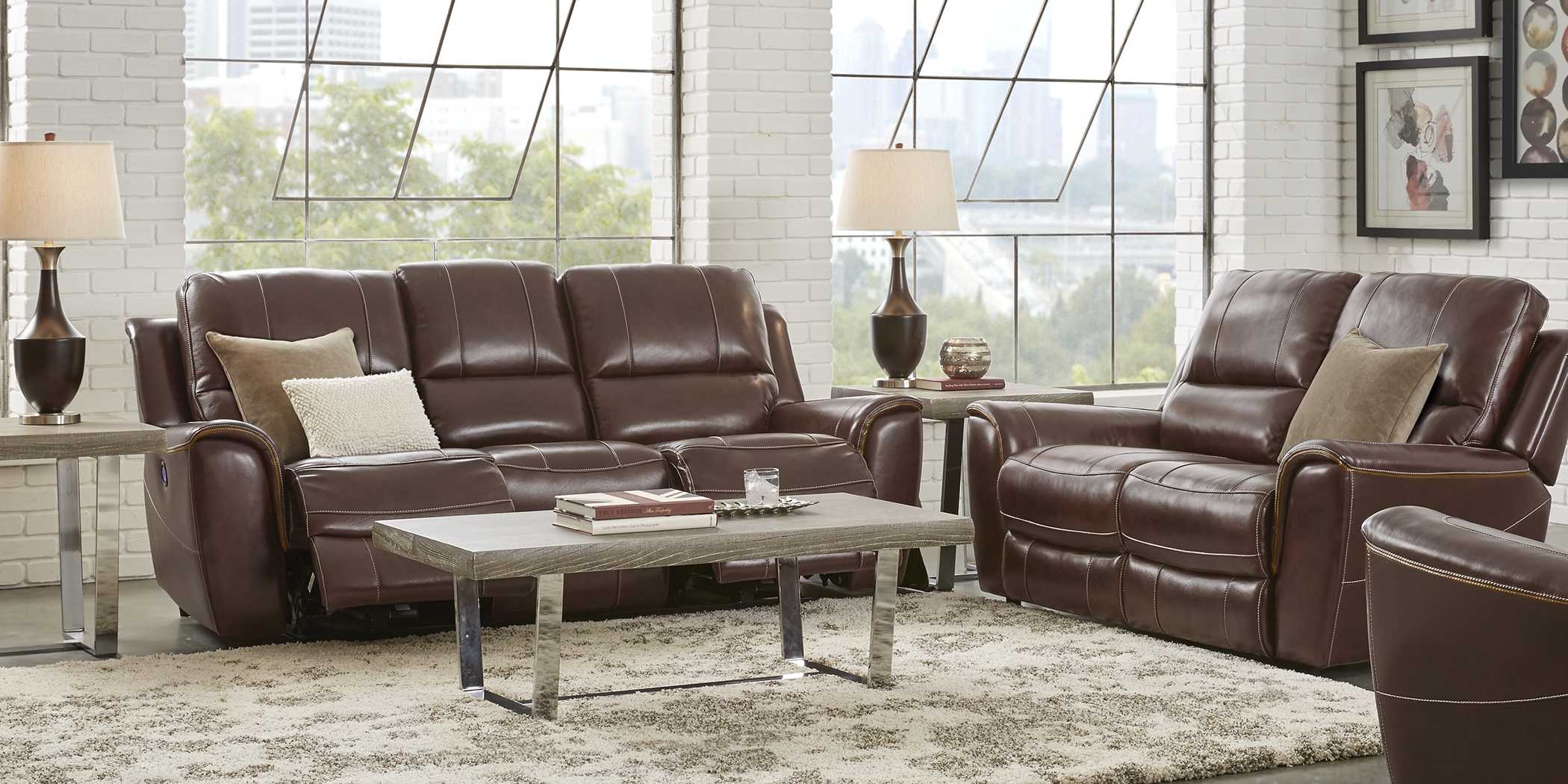 Lanzo Merlot Leather 5 Pc Living Room with Reclining Sofa - Thumbnail - Image 1