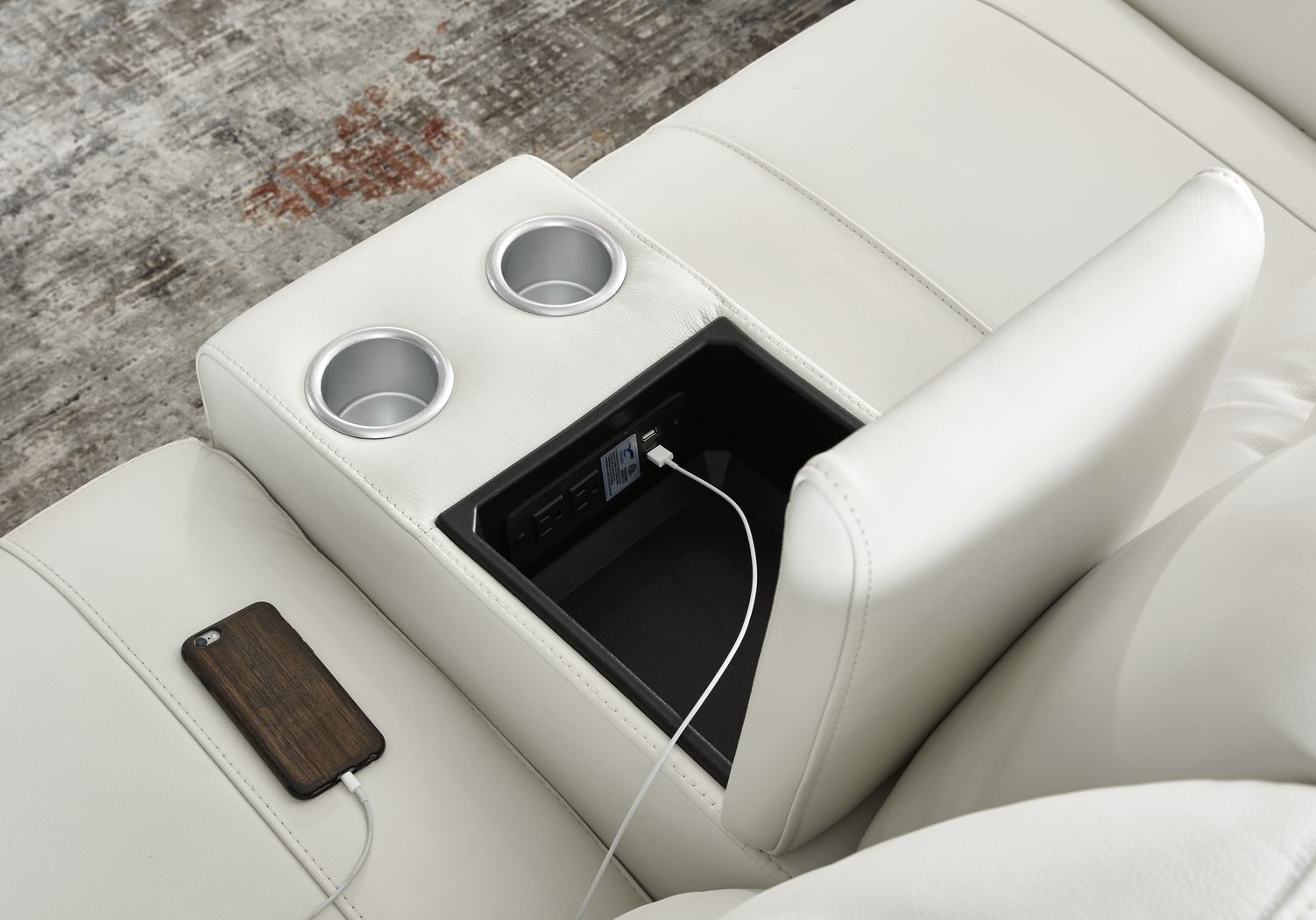 Lanzo Off-White Leather Dual Power Reclining Console Loveseat - Thumbnail - Image 3