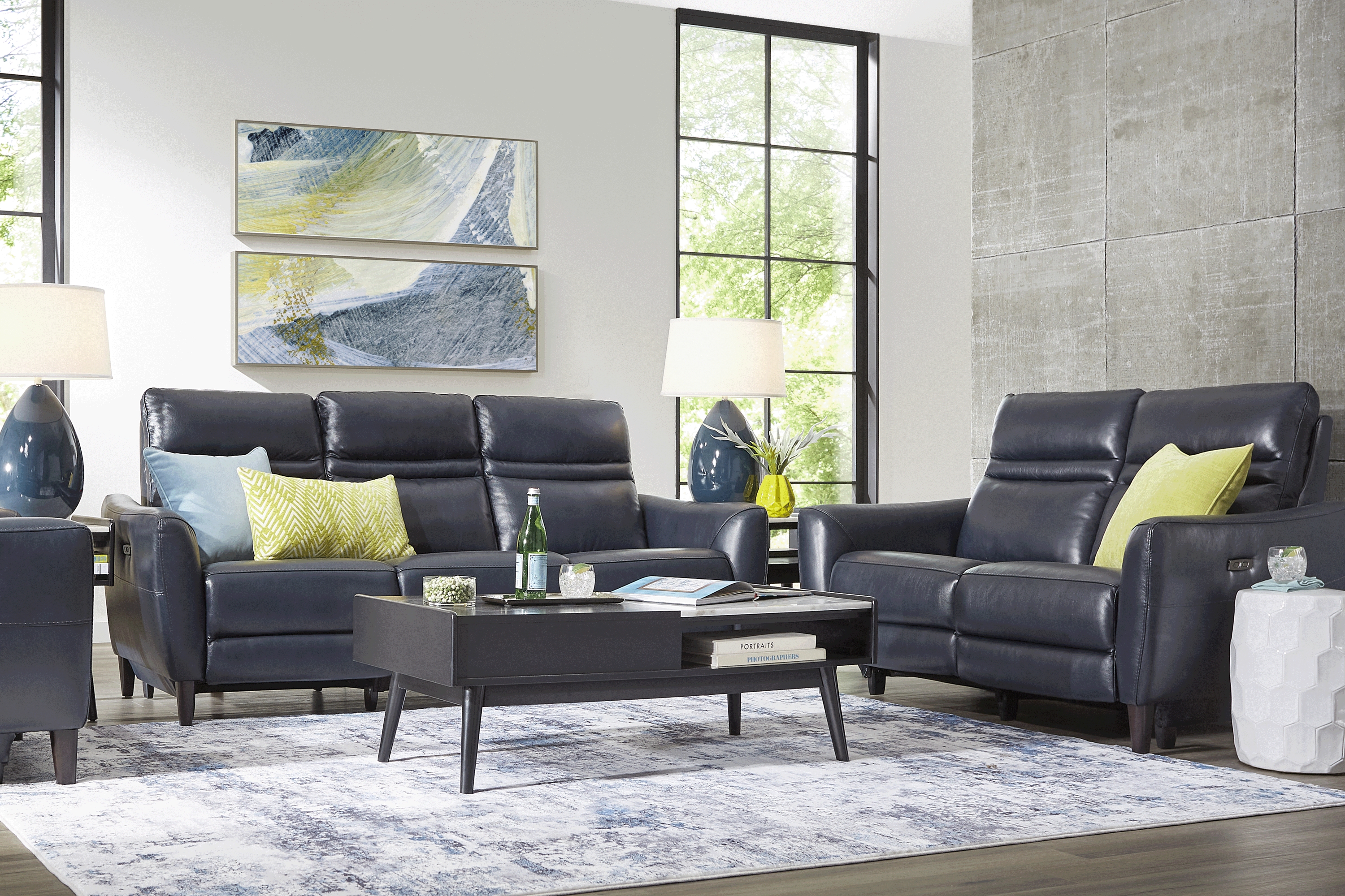 Larino Blue Leather 3 Pc Dual Power Reclining Living Room - Thumbnail - Image 1