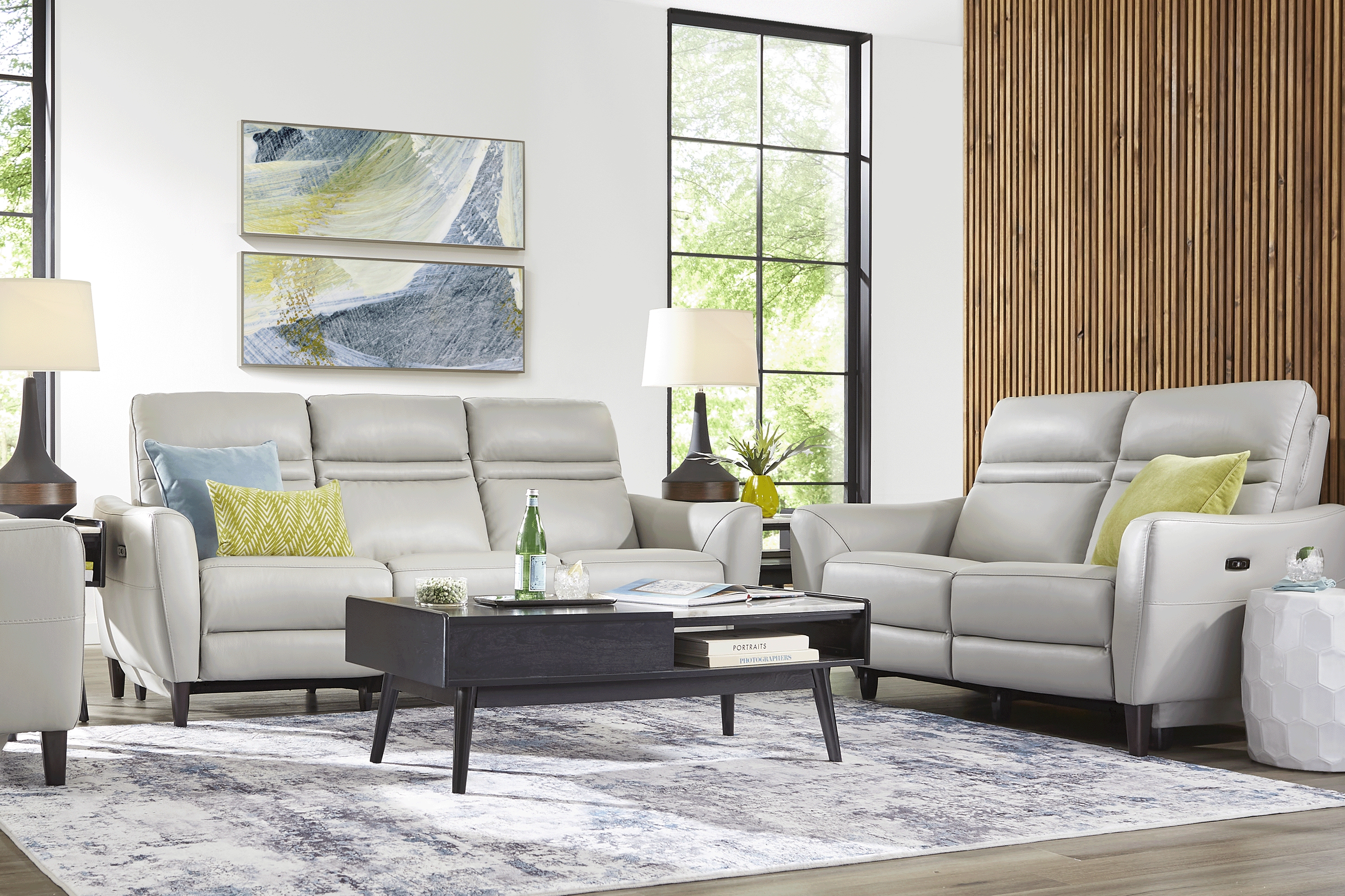 Larino Light Gray Leather 5 Pc Dual Power Reclining Living Room - Thumbnail - Image 1