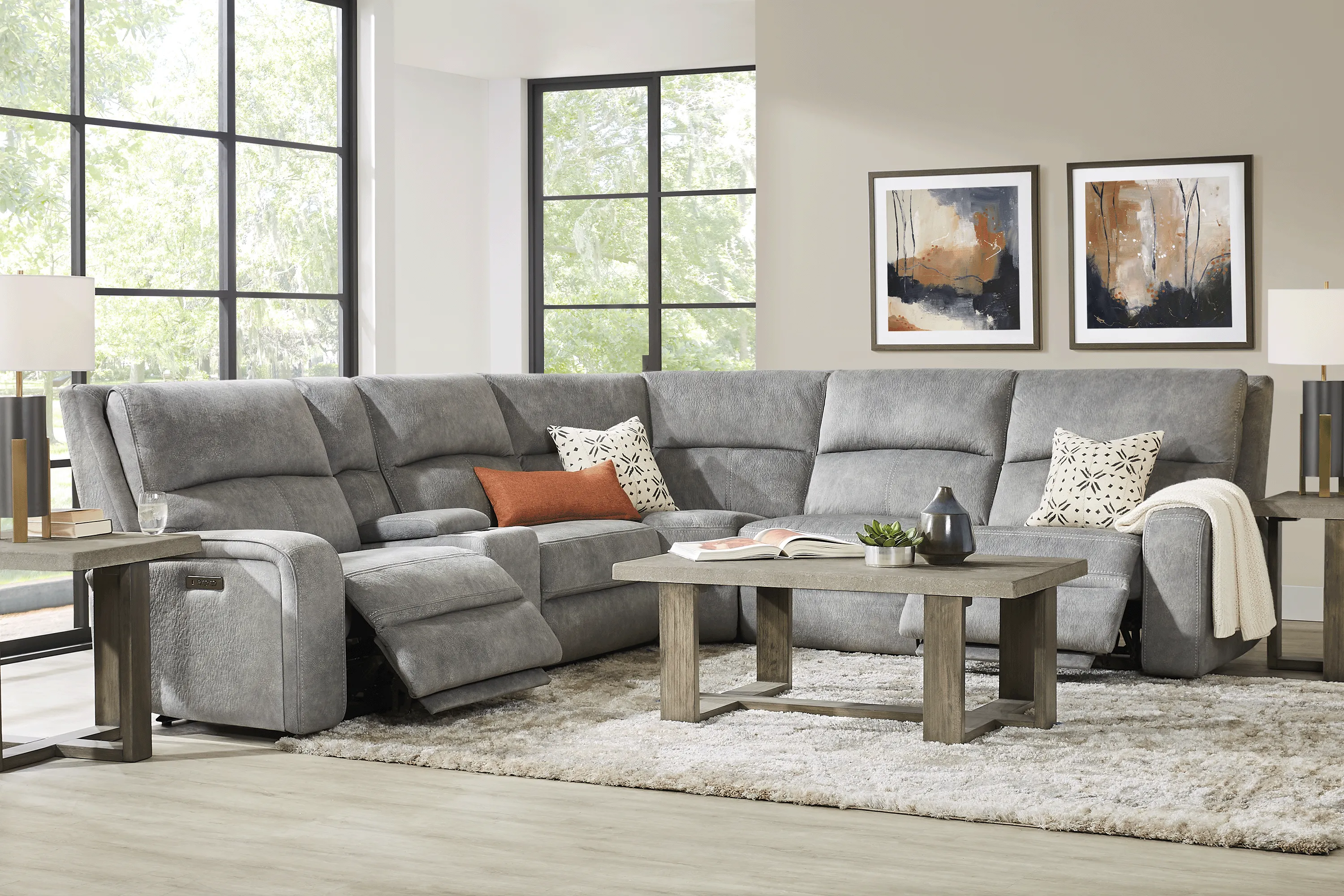 Leighton Microfiber Gray 9 Pc Dual Power Reclining Sectional Living Room - Thumbnail - Image 1