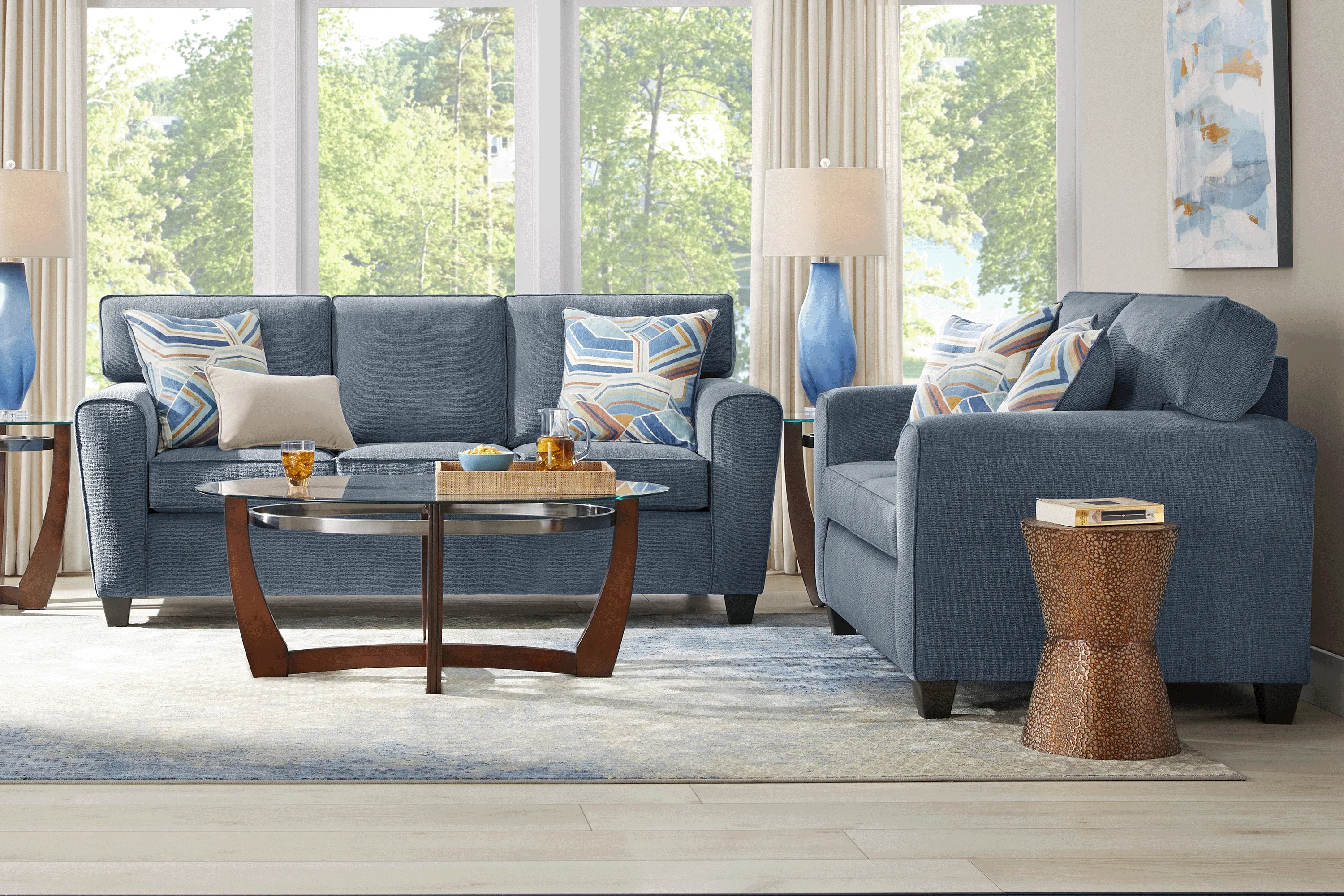 Lennon Navy 7 Pc Living Room with Gel Foam Sleeper Sofa - Thumbnail - Image 1