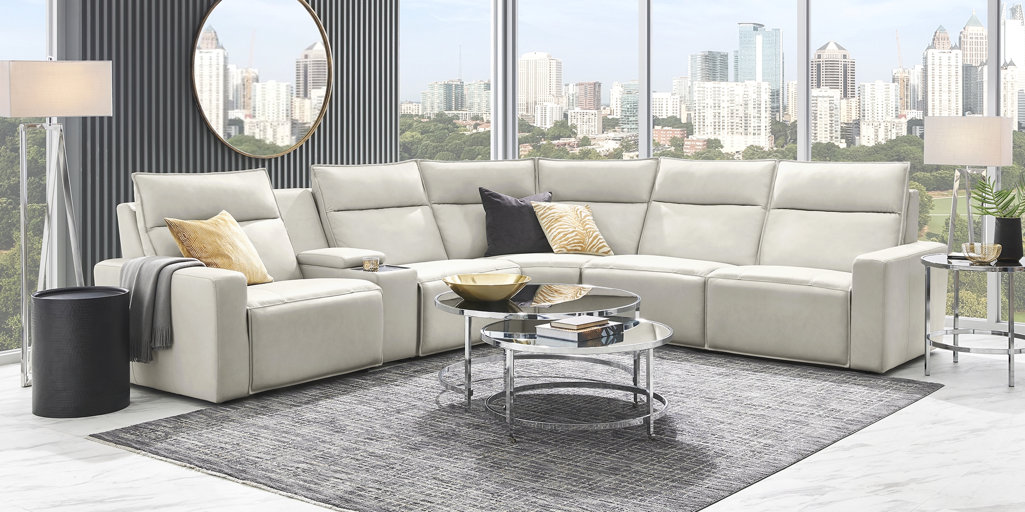 Light Gray Leather 6 Pc Dual Power Reclining ModularTwo with Media Console - Thumbnail - Image 3