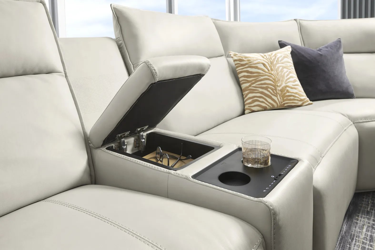 Light Gray Leather 6 Pc Dual Power Reclining ModularTwo with Media Console - Image 5