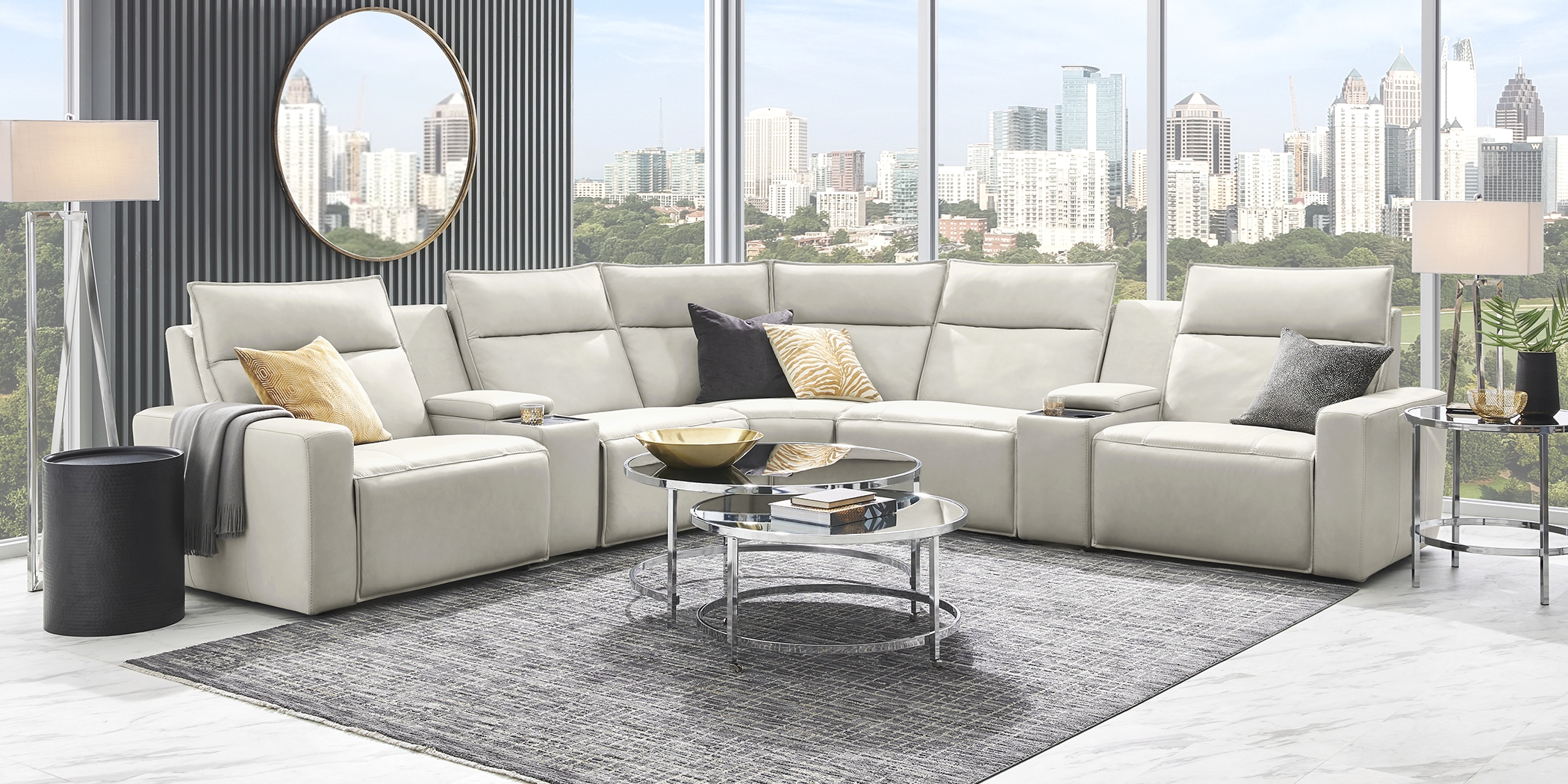 Light Gray Leather 7 Pc Dual Power Reclining ModularTwo with Media Consoles - Thumbnail - Image 3