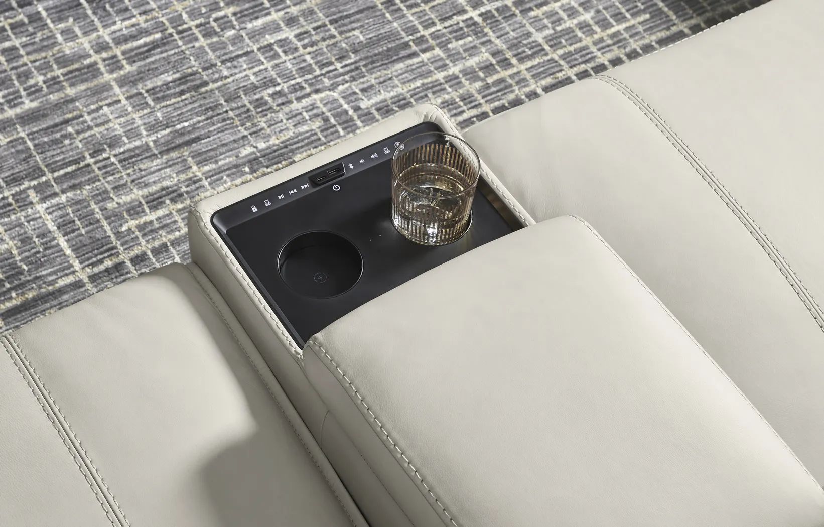 Light Gray Leather 7 Pc Dual Power Reclining ModularTwo with Media Consoles - Image 5