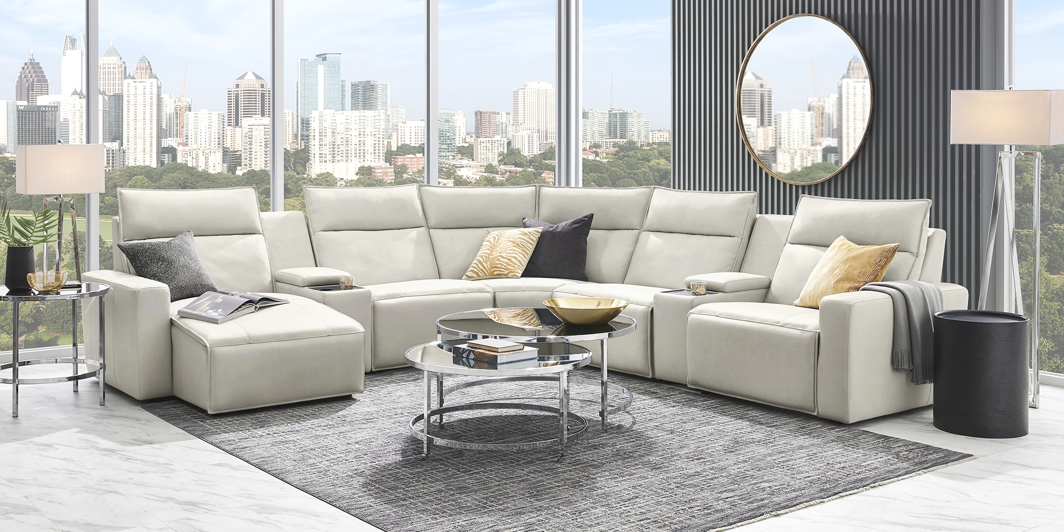 Light Gray Leather 7 Pc Dual Power Reclining ModularTwo with Media Consoles - Thumbnail - Image 3