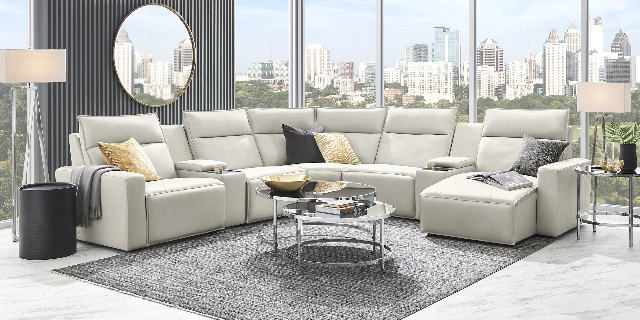 Light Gray Leather 7 Pc Dual Power Reclining ModularTwo with Media Consoles - Thumbnail - Image 3