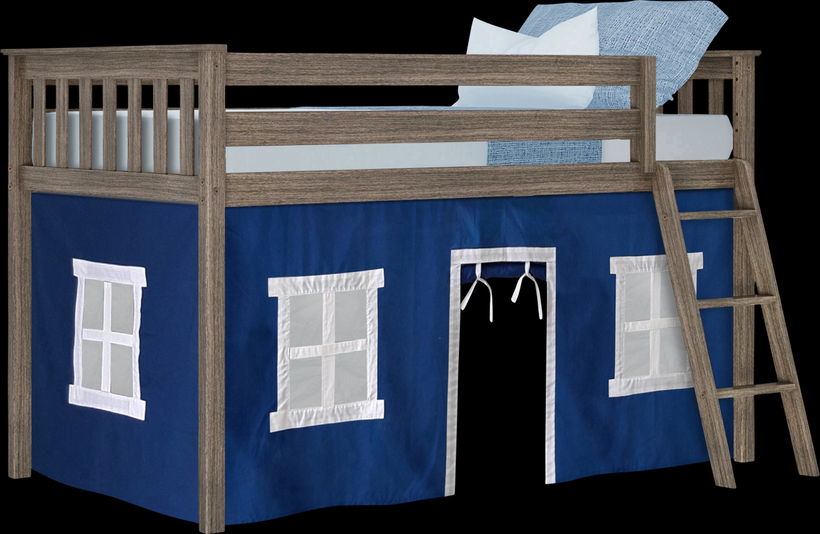Kids Linnett Brown Twin Low Loft Bed with Blue Tent - Thumbnail - Image 2