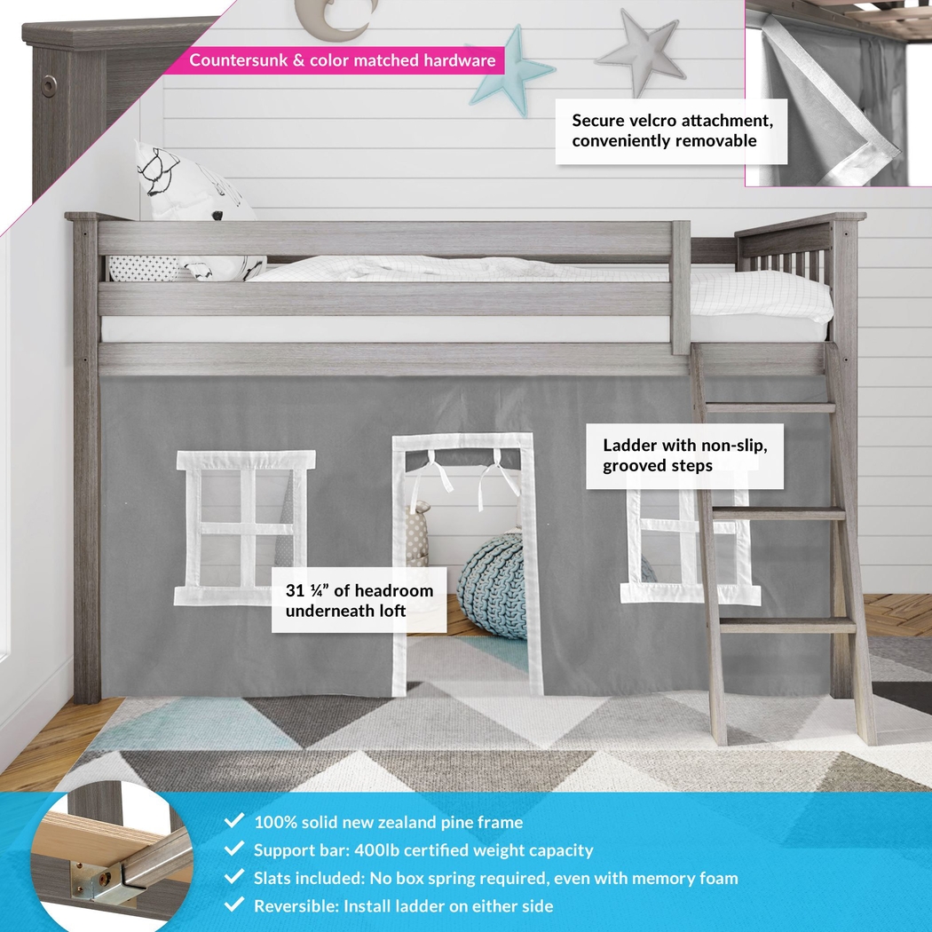 Kids Linnett Brown Twin Low Loft Bed with Gray Tent - Thumbnail - Image 3