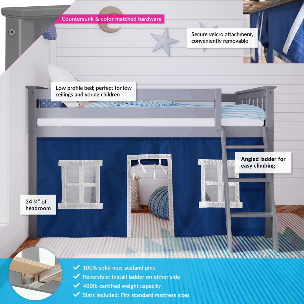 Kids Linnett Gray Twin Low Loft Bed with Blue Tent - Thumbnail - Image 3