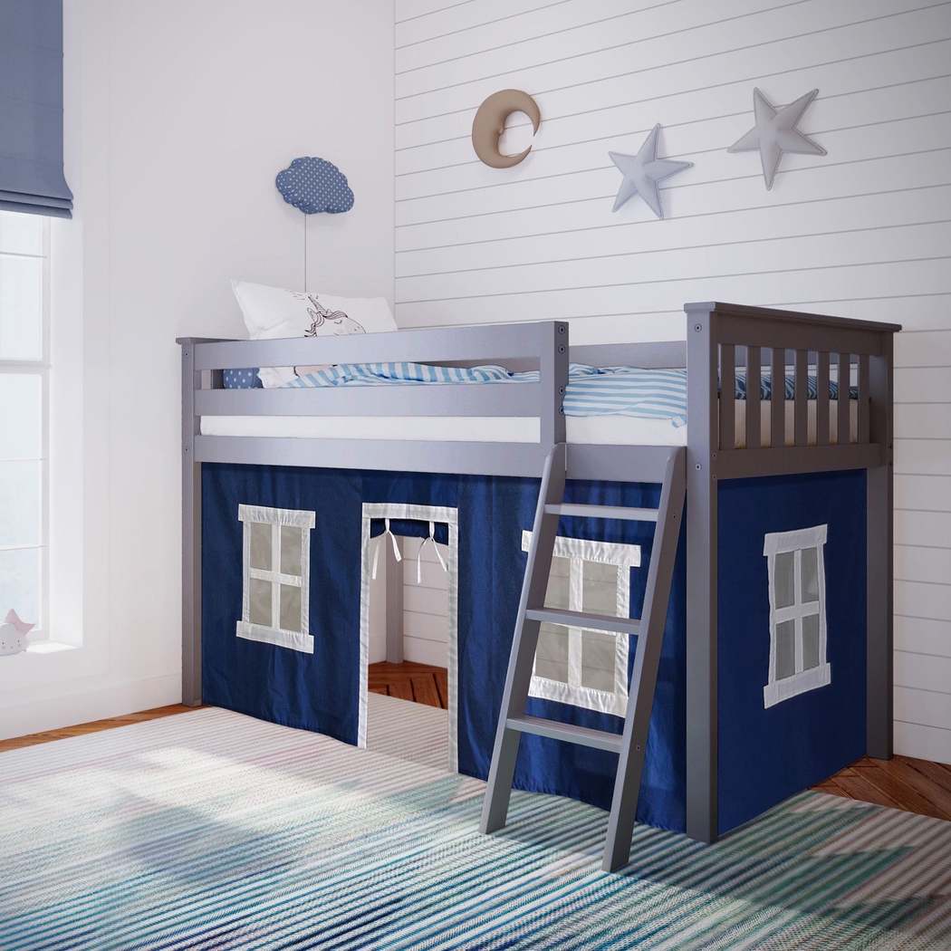 Kids Linnett Gray Twin Low Loft Bed with Blue Tent - Thumbnail - Image 1