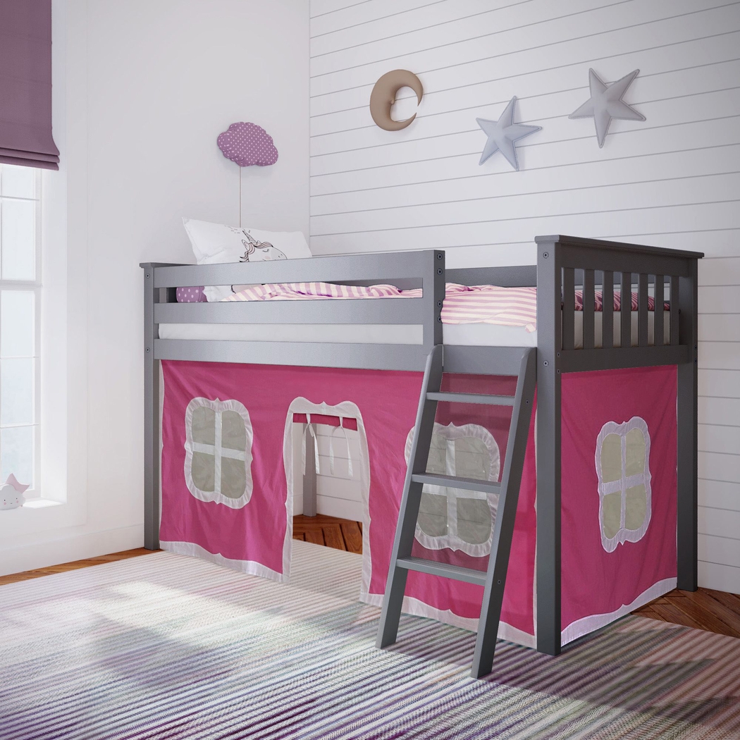 Kids Linnett Gray Twin Low Loft Bed with Pink Tent - Thumbnail - Image 1