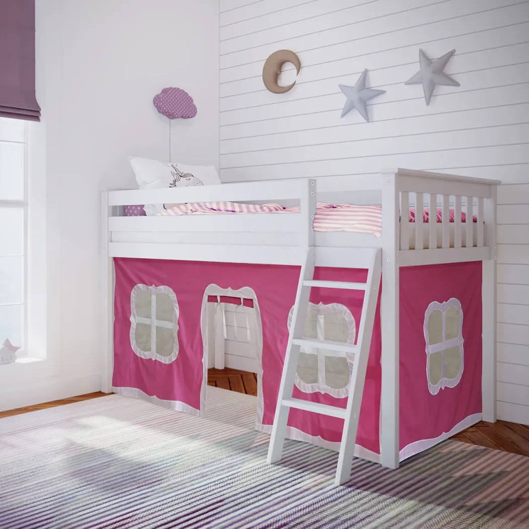 Kids Linnett White Twin Low Loft Bed with Pink Tent - Thumbnail - Image 1